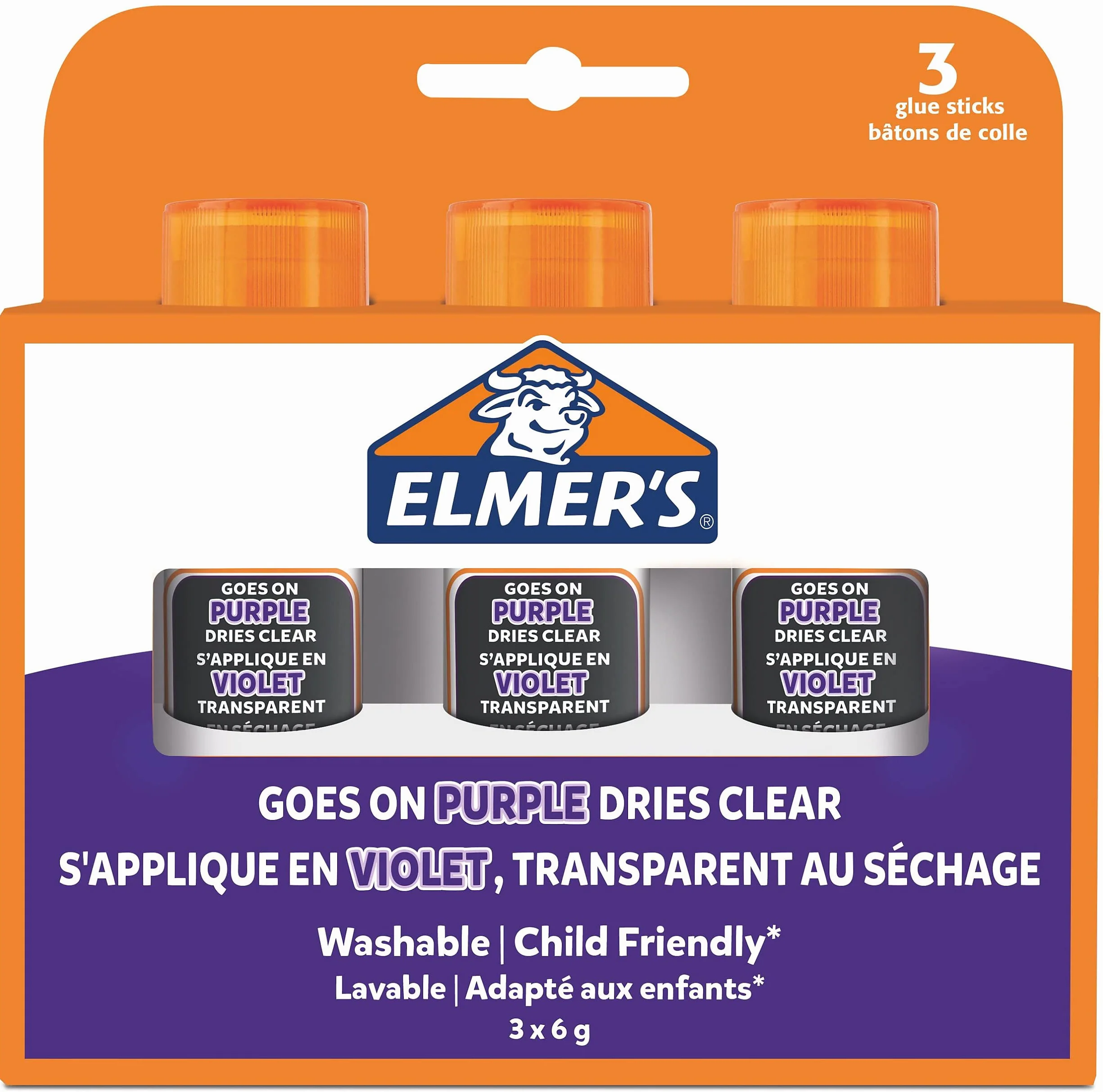 Elmer’s - Stick di colla viola a scomparsa, diventa trasparente quando si asciuga, ideale per scuola e progetti artigianali, lavabile e sicura per i bambini, 6 g, 3 pezzi