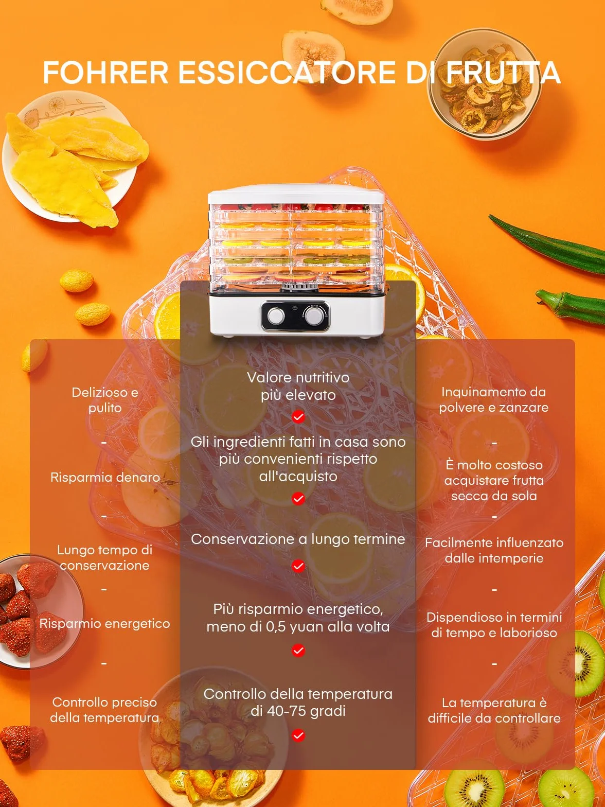 FOHERE Essiccatore Multifunzionale Per Frutta e Verdura, Disidratatore Per Alimenti Regolabile In Altezza 5 Ripiani Impilabili, Temperatura Regolabile (35°C-70°C), Adatto Per Frutta, Carne e Verdura