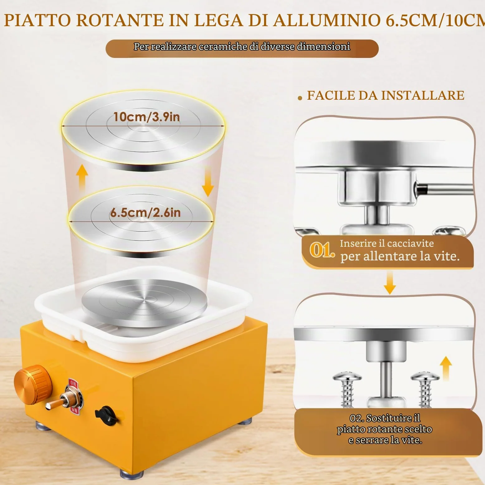 Tornio per Ceramica, Kooeuru Tornio per Argilla 2000 giri/min Velocità Regolabile con Piastre da 10/6,5 cm, Strumenti di Modellatura e Vasca Rimovibile, Tornio Ceramica per Bambini e Adulti, Giallo