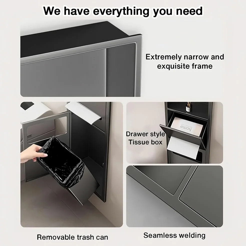 Generico Mensola portaoggetti a Incasso in Acciaio Inox per Carta igienica e rifiuti, Organizer Integrato per nicchia in Bagno, Cucina, Soggiorno, Camera da Letto - Nero, 60x28x13,5 cm, Soluzione Sal