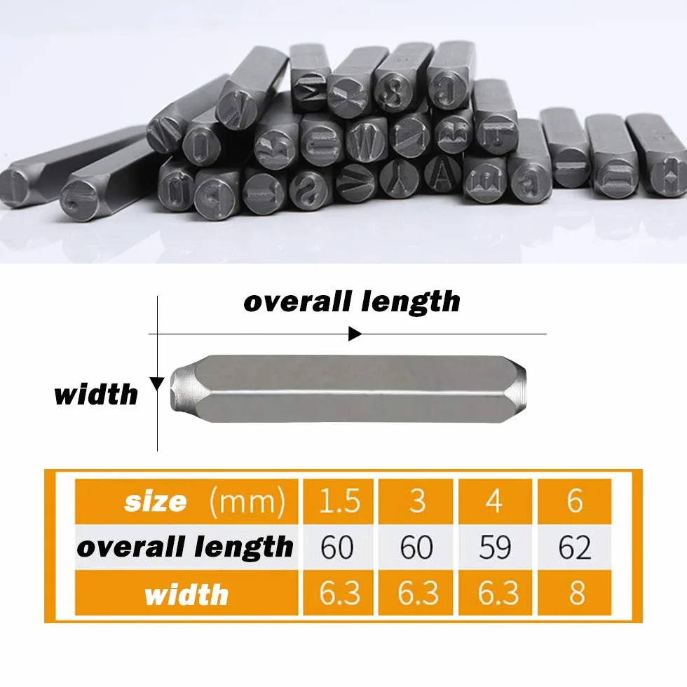 Set di timbri con numeri e lettere (36 punzoni, A-Z e 0-9), in acciaio al carbonio temprato di grado industriale, 1,5 mm