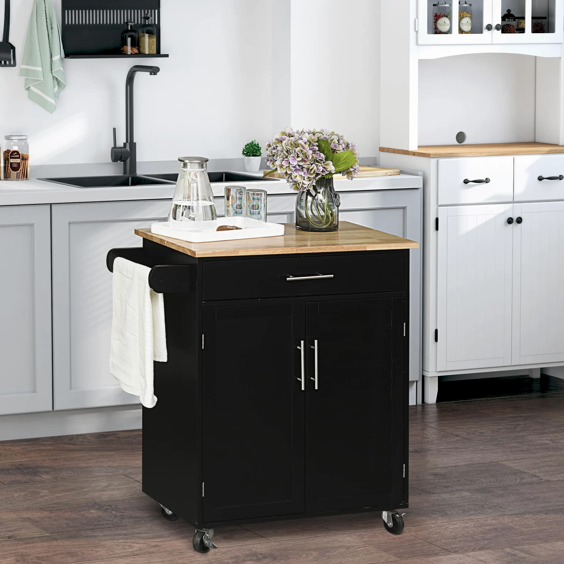 HOMCOM Carrello da Cucina con Cassetto e Armadietto 2 Ante, Isola Cucina con Ruote e Barra Laterale per Asciugamani, 83x45x91.5cm, Nero