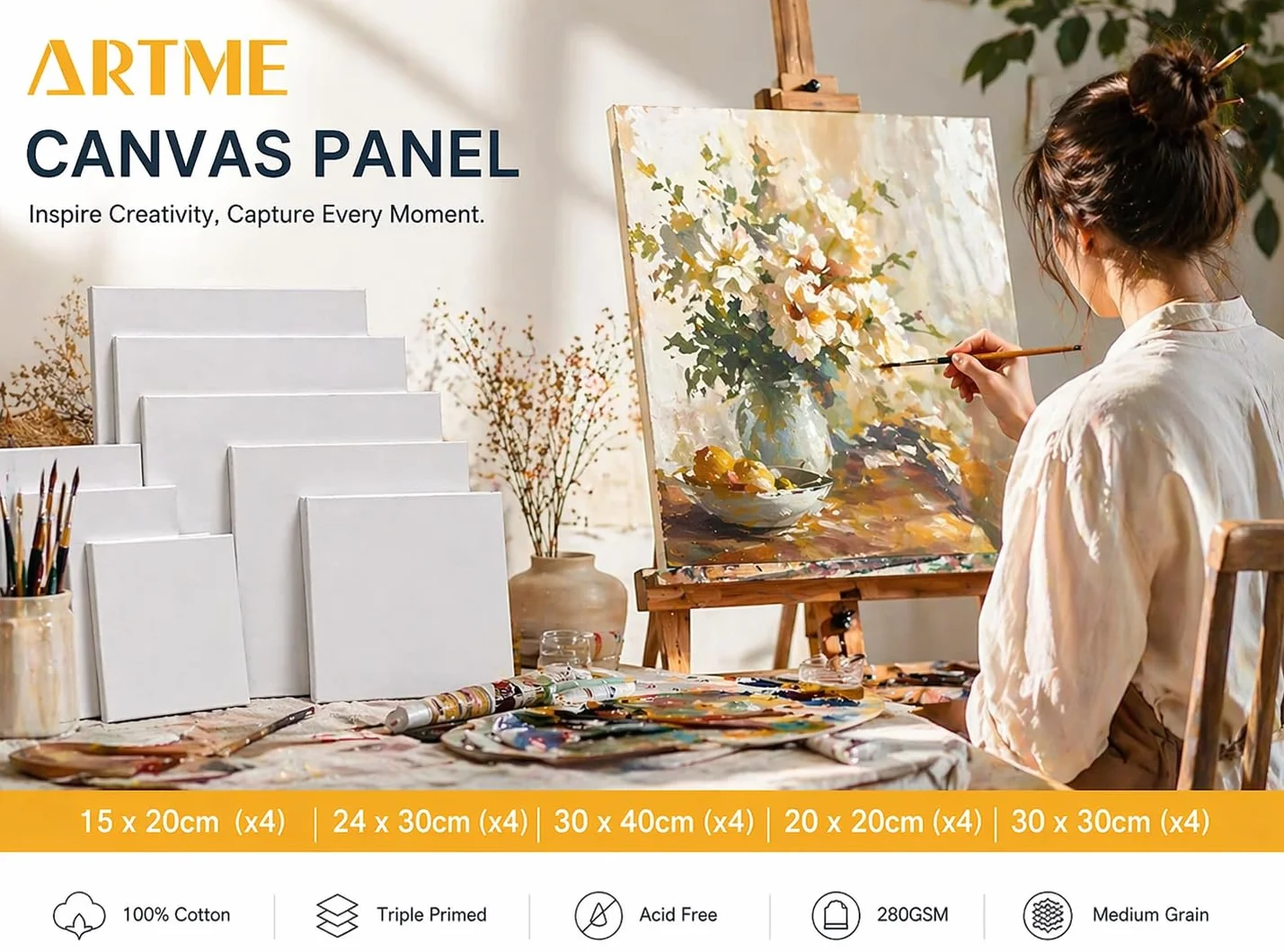 Artme Pannelli in Tela 20pz - 15x20,20x20,30x30,24x30,30x40cm Formati Assortiti Bianca per Pittura - 3mm 280GSM/ 100% cotone/Triplo con innesto/Senza acidi/Grana media /- Acrilico/Olio