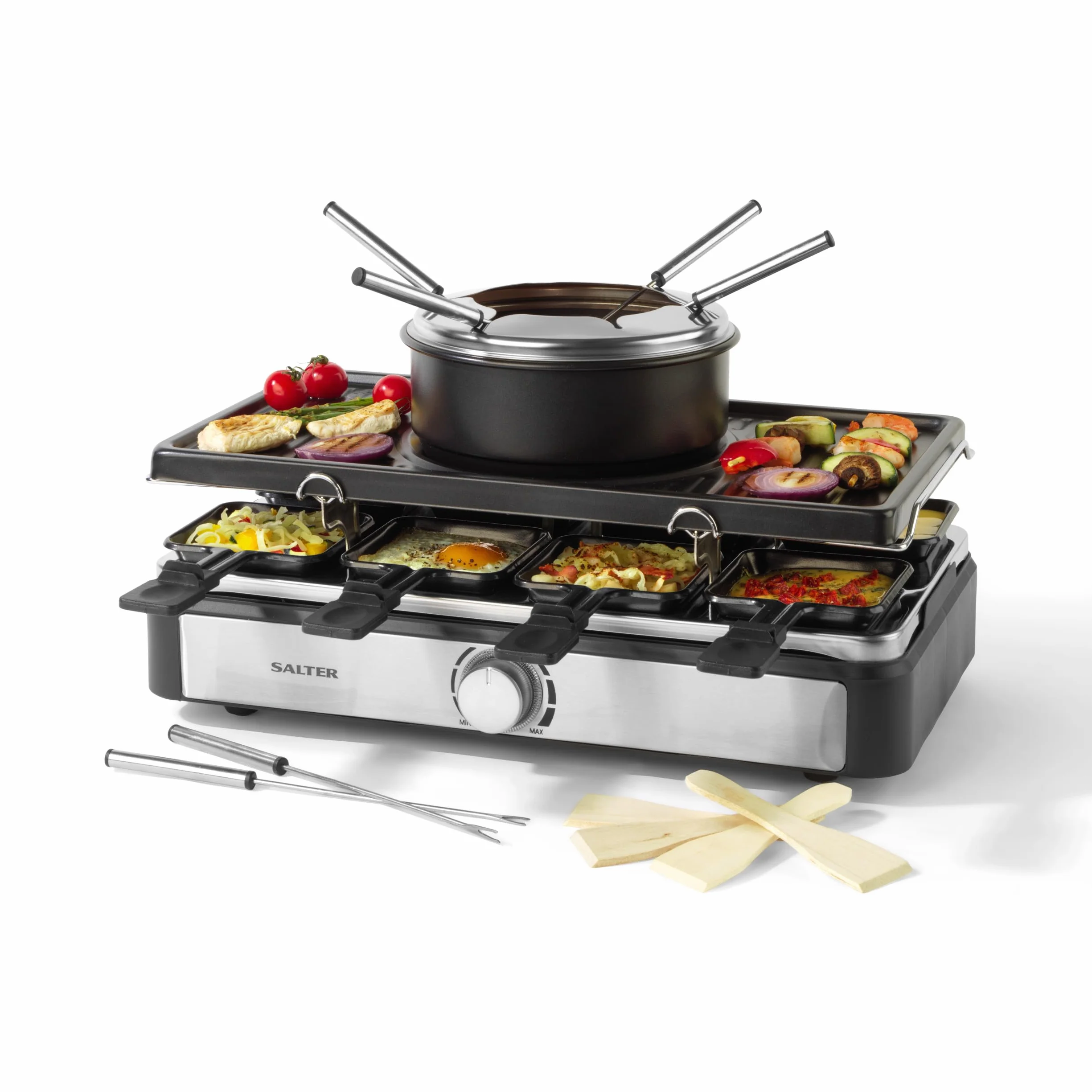Salter Electric Raclette Grill & Fondue - 2 in 1 Griglia da Interno, Pentola per Sciogliere da 1,3L, Fonduta di Formaggio, 6 Forchette, Temperatura Regolabile, 8 Padelle e Spatole Antiaderenti