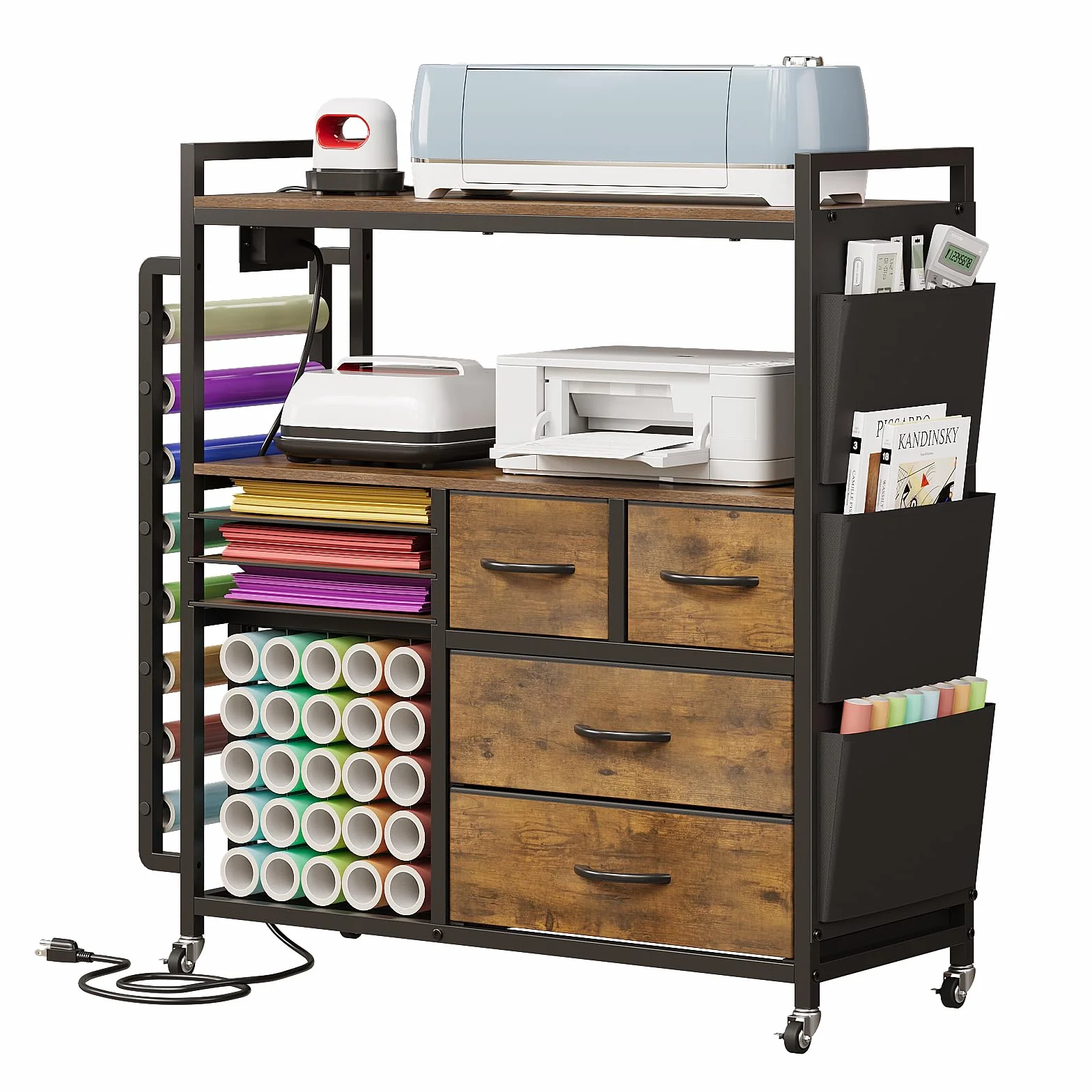 VEDECASA Grande organizer per bricolage, compatibile con macchine Cricut, cassetti in tessuto e porta rotolo in vinile, carrello mobile per la stanza del fai da te (marrone)