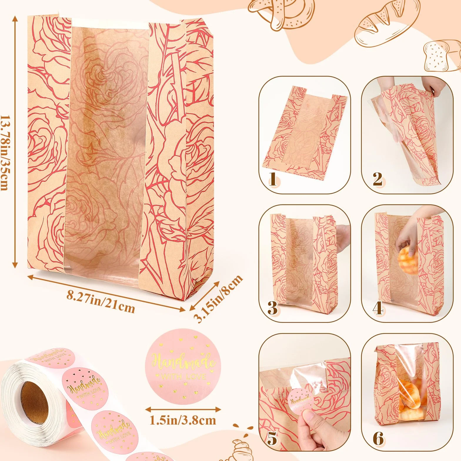 Confezione da 100 sacchetti per pane fatto in casa, in carta kraft, con 500 adesivi per amore, grandi sacchetti di carta da forno con finestra trasparente, per biscotti, 35,6 x 21,1 x 8,1 cm