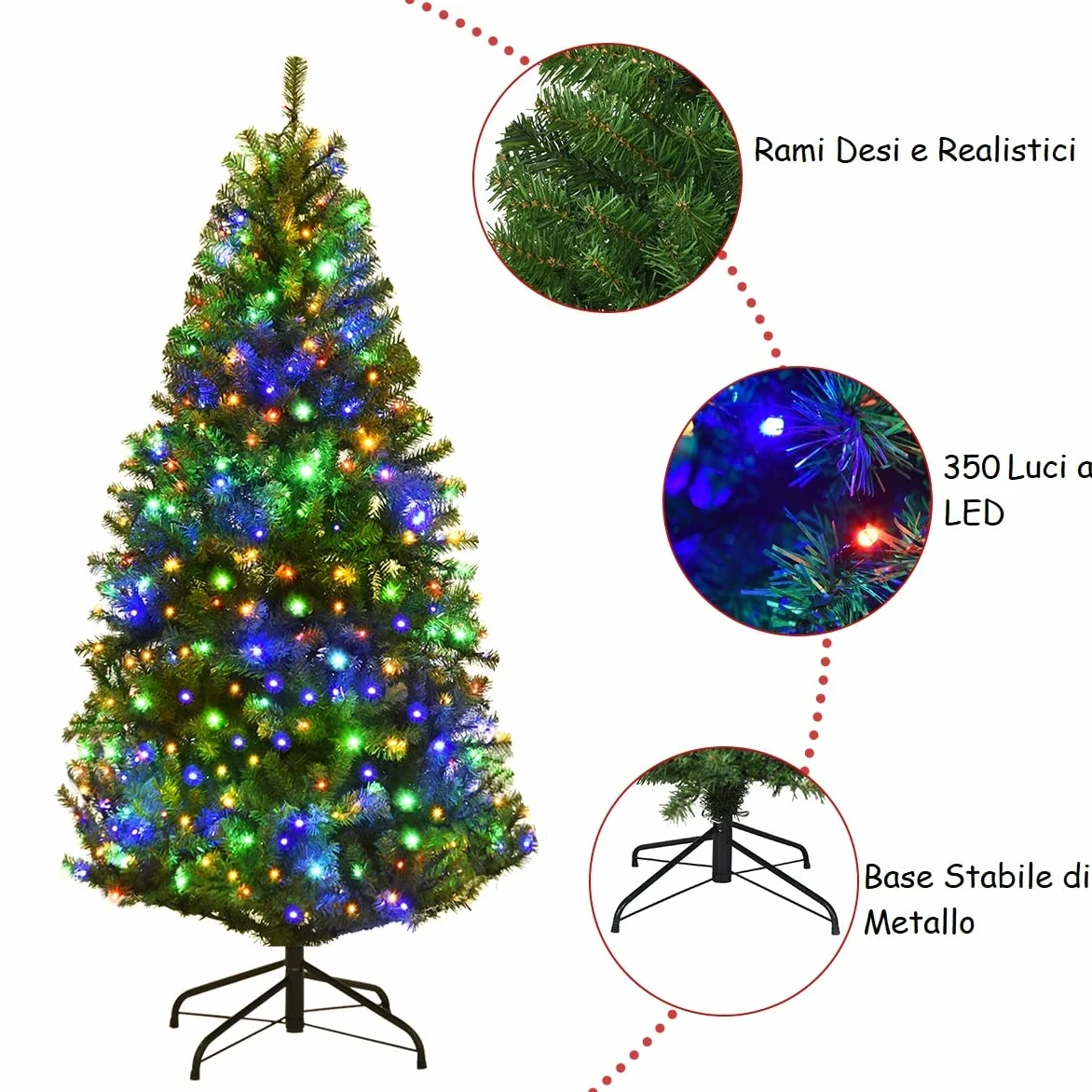 COSTWAY Albero di Natale 120/150/180/210 cm, Albero di Natale con Luci Incorporate 11 Modalità di Illuminazione, 300/600/1000/1570 Rami e Base in Metallo, Perfetta per Casa e Negozio (180cm)