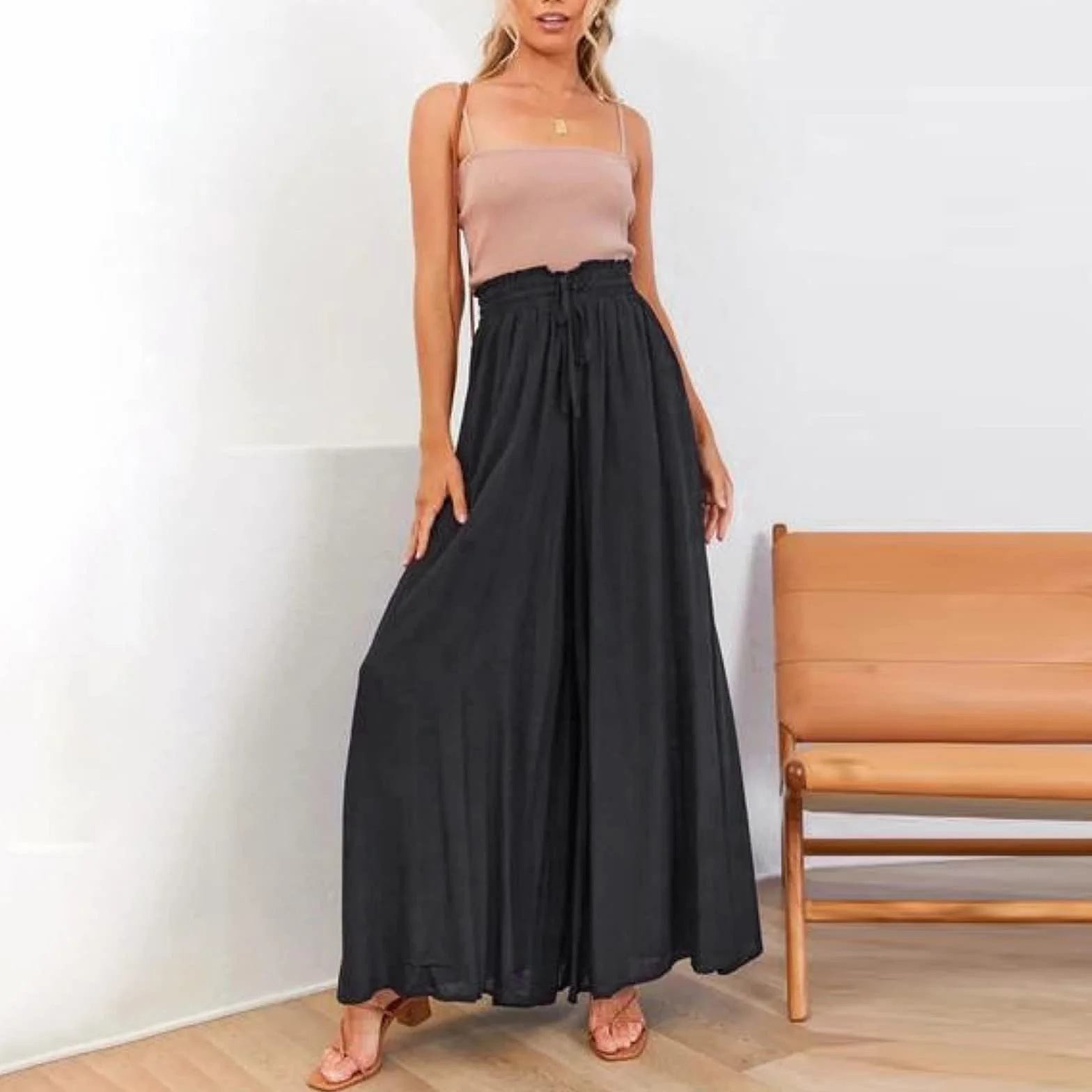 Gonna Pantalone Donna A Gamba Larga Pantaloni Donna Estivi Casual Elastica Vita Alta Larghi Leggeri Pantalone Boho Eleganti Gamba Larga Pantaloni Palazzo Da Spiaggia Con Coulisse Pants Con Tasche