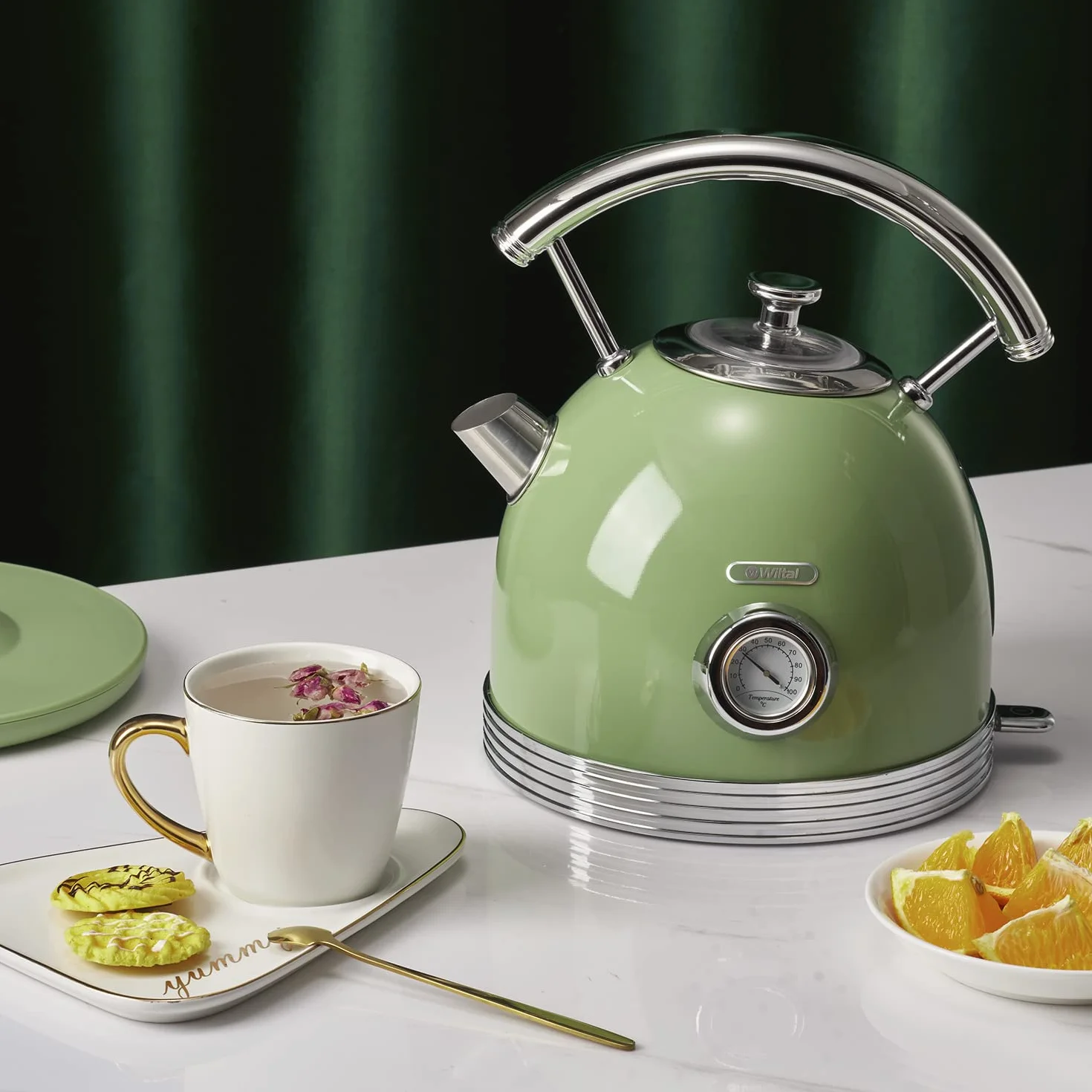 Wiltal Set di bollitore per tostapane per la colazione, bollitore in acciaio inox, 2200 W, riscaldamento rapido, tostapane con inserto per panini per riscaldare tutti i tipi di pane, verde retrò…