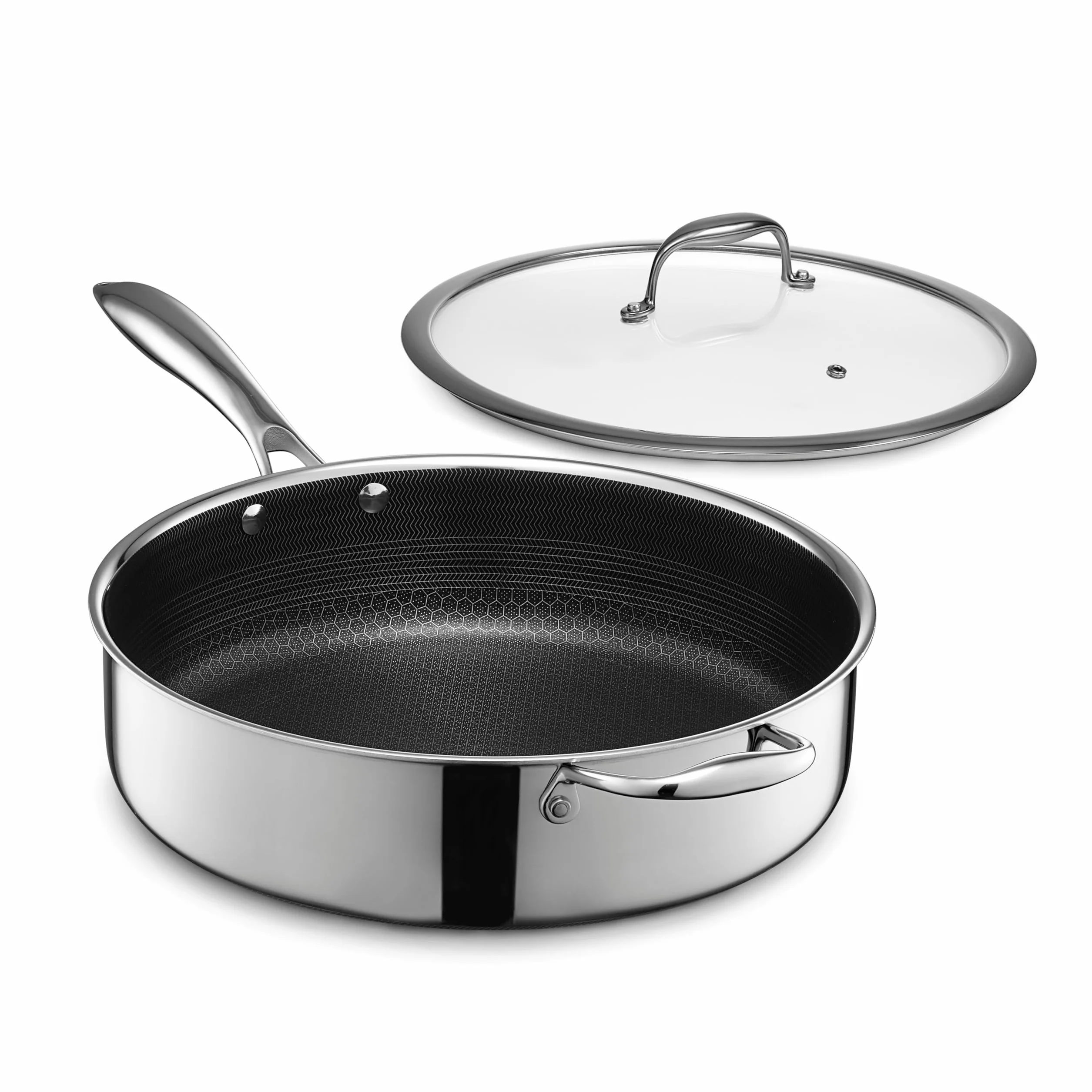 HexClad Padella antiaderente ibrida da 5,5 litri con coperchio, lavabile in lavastoviglie e utilizzabile in forno, compatibile con tutti i piani cottura