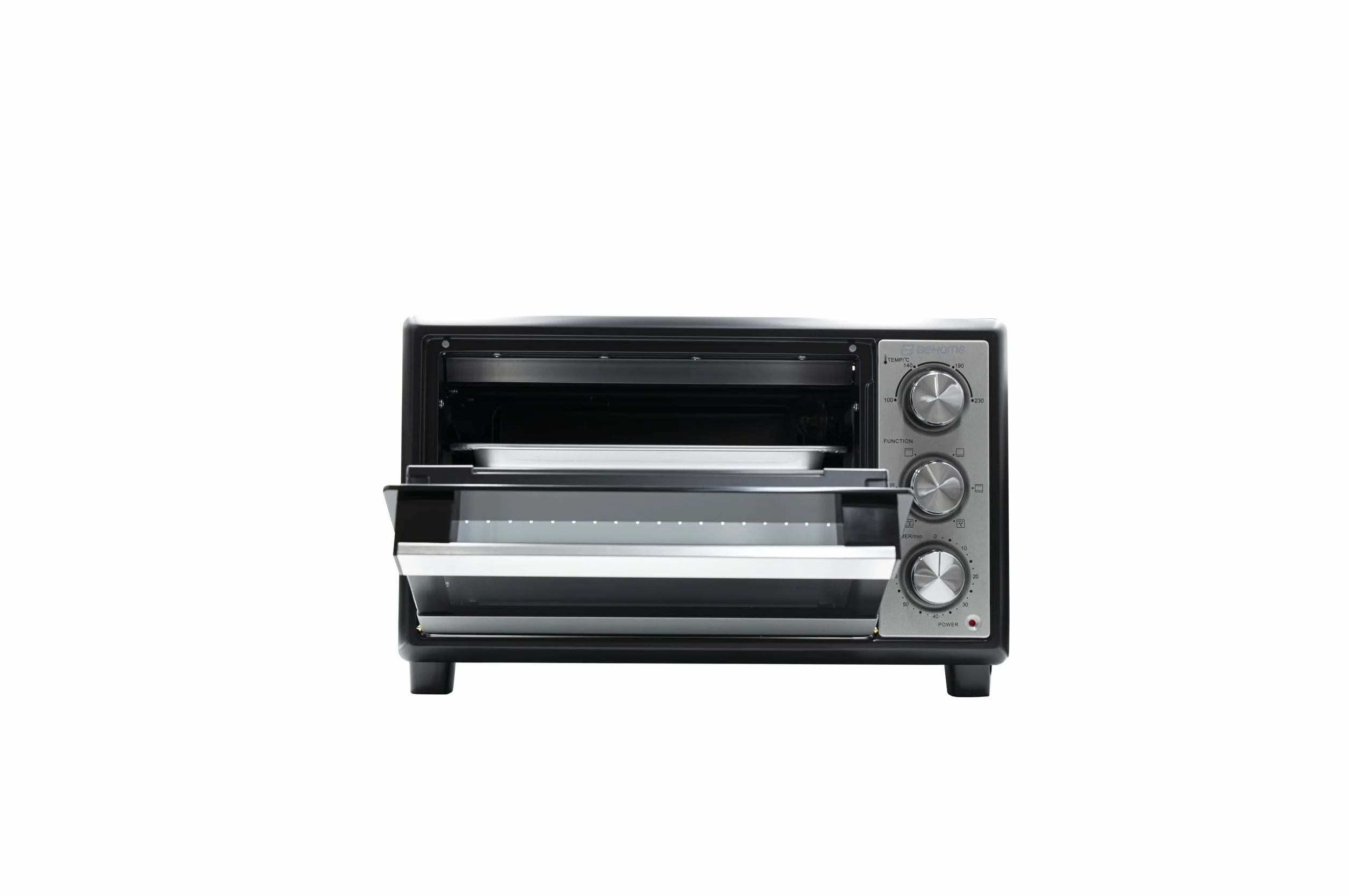 BEHOME Forno Elettrico Ventilato Piccolo 48L da tavolo, Temperatura fino a 230°, Timer 60 min, Forno elettrico da tavolo con griglia, teglia e sollevatore griglia inclusi, antiaderente, doppio vetro