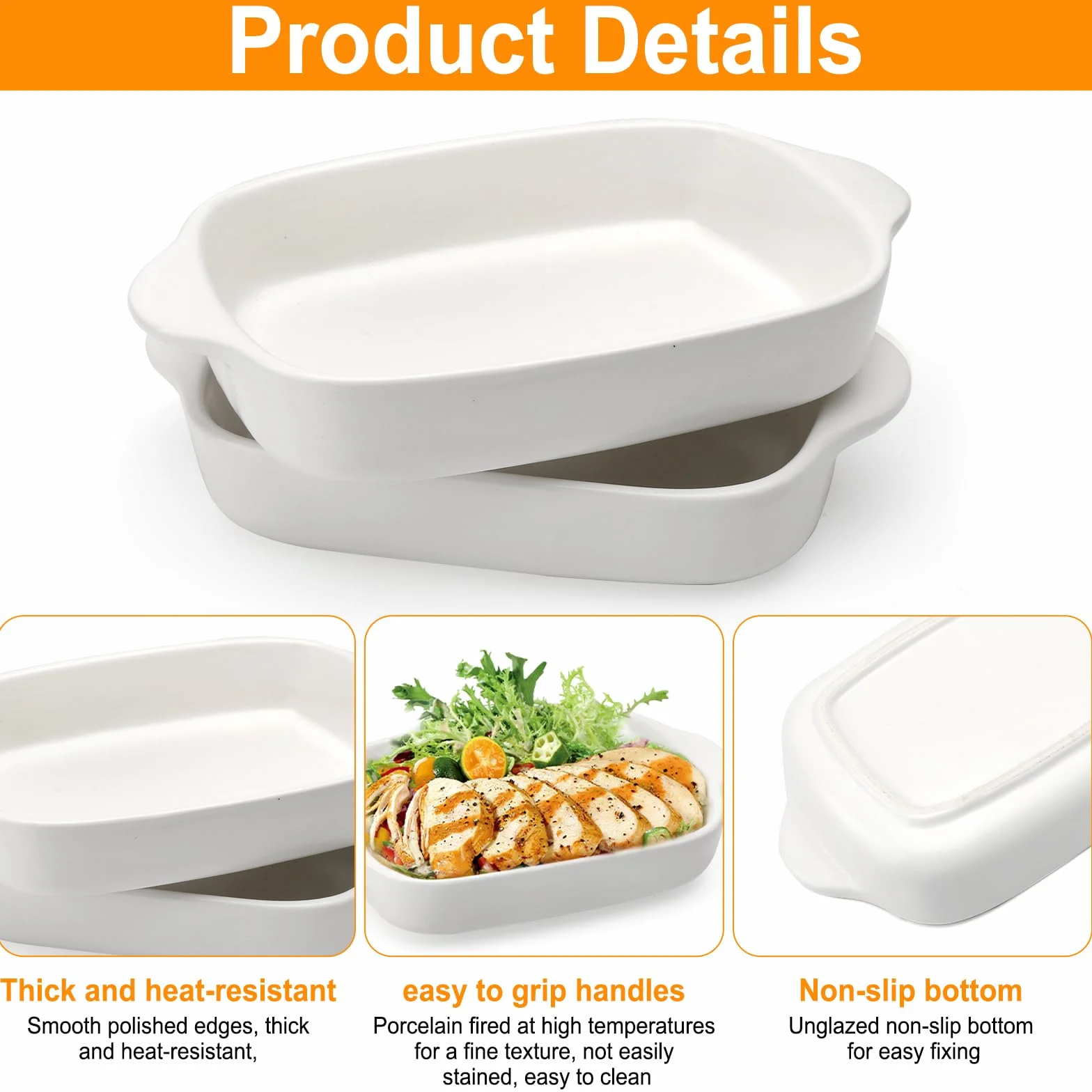 2 pirofile in ceramica, per lasagna, 23,2 x 14,2 x 4,5 cm, rettangolari, piccole pirofile, con manico, in ceramica, rettangolari, per lasagne, tiramisù e casseruola (bianco)