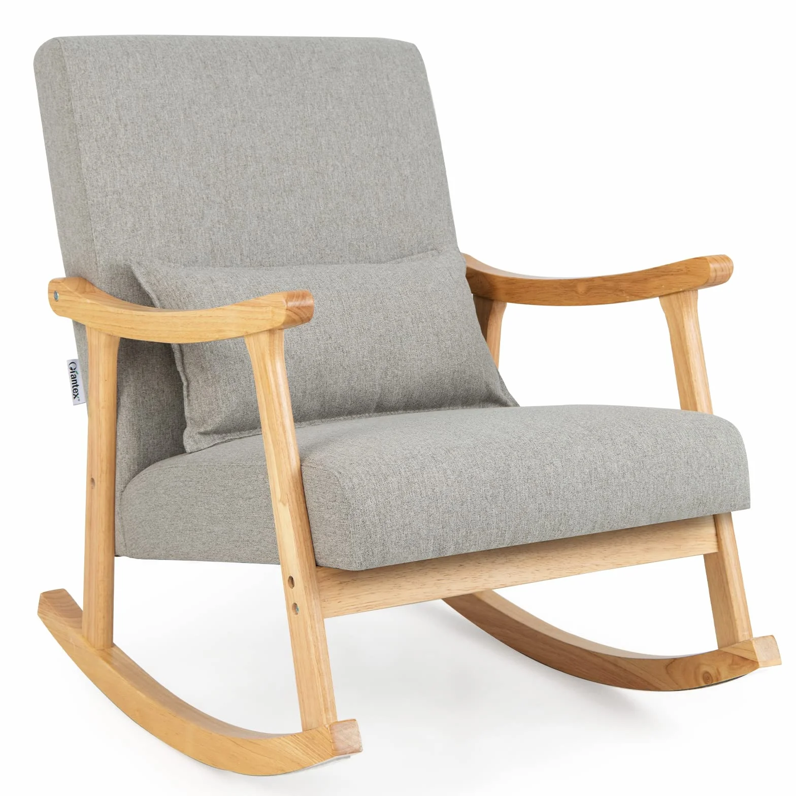 COSTWAY Sedia a Dondolo con Cuscino, Poltrona Dondolo Interno Ergonomica con Schienale Alto, Seduta Imbottito, in Legno di Gomma, per Soggiorno e Camera da Letto (Grigio)