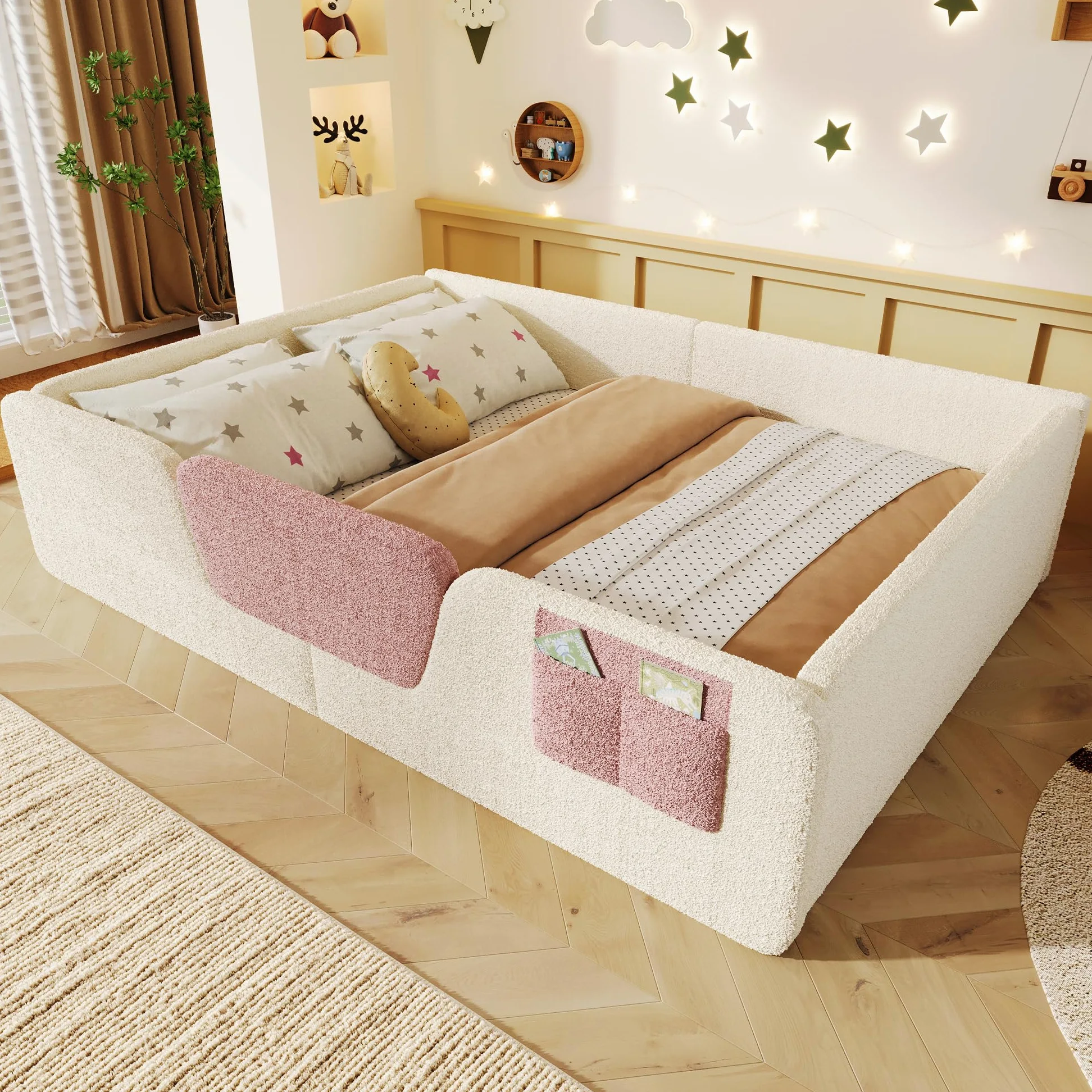 Montessori Letto a Terra per Bambini 140x190cm, Letto Piazza e Mezza per Bambini con Borsa Portaoggetti in Tessuto e Sponde di Sicurezza Removibili, Letto imbottito in Velluto(Senza Materasso) Beige