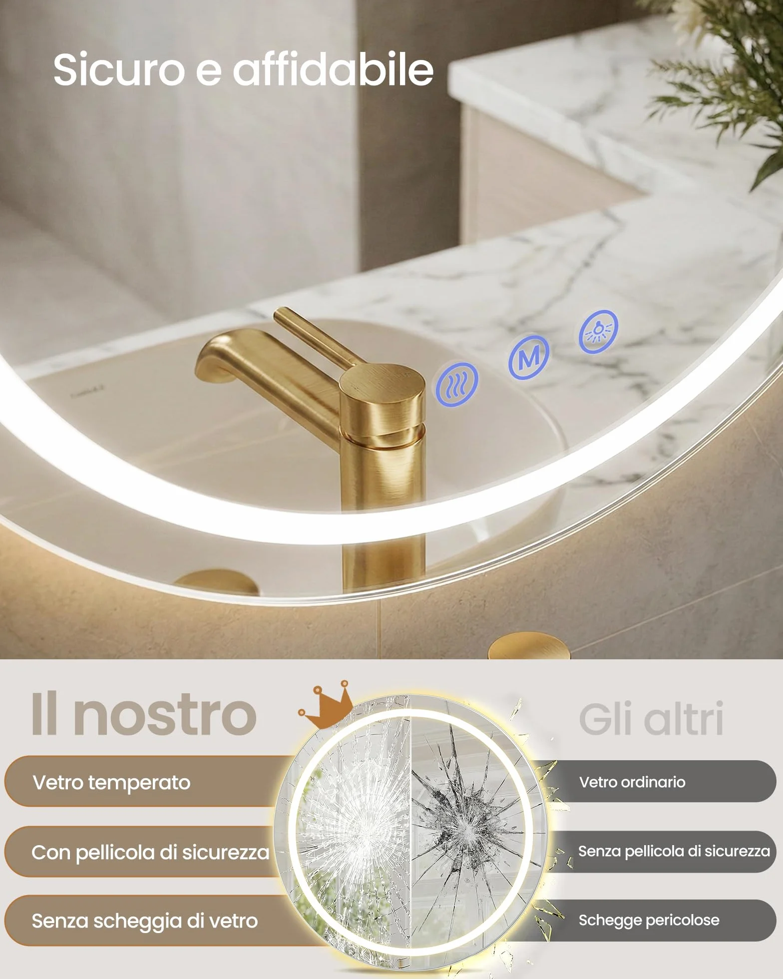 SONGMICS Specchio Bagno con Luce, Specchio da Parete Rotondo, Funzione Antiappannamento, Tonalità e Luminosità Regolabili, Trucco, Camera da Letto Bagno, 61 cm, Bianco Nuvola LWM211WC02