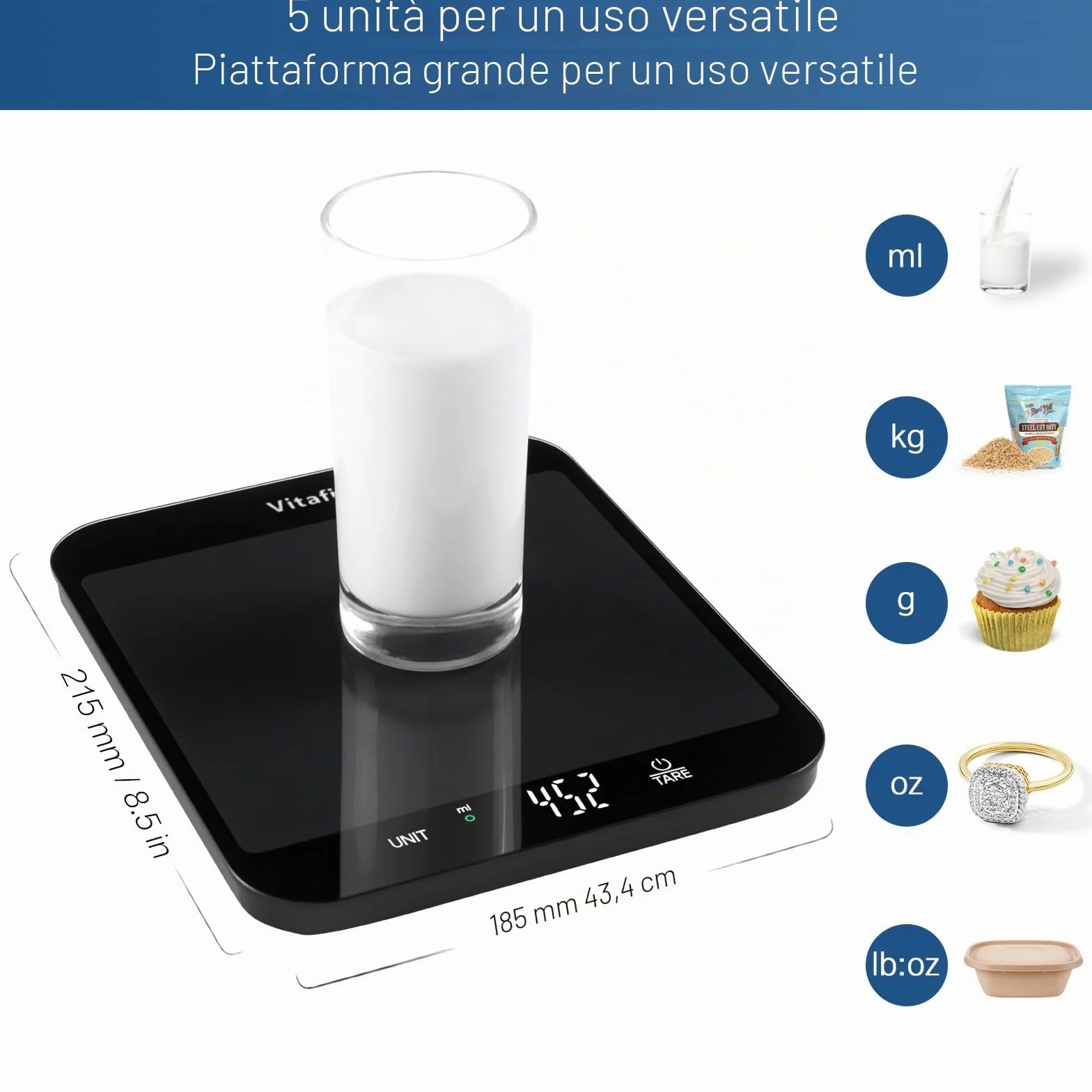 Bilancia Cucina Digitale Vitafit 15kg Precisione 1g 215x180mm Nera