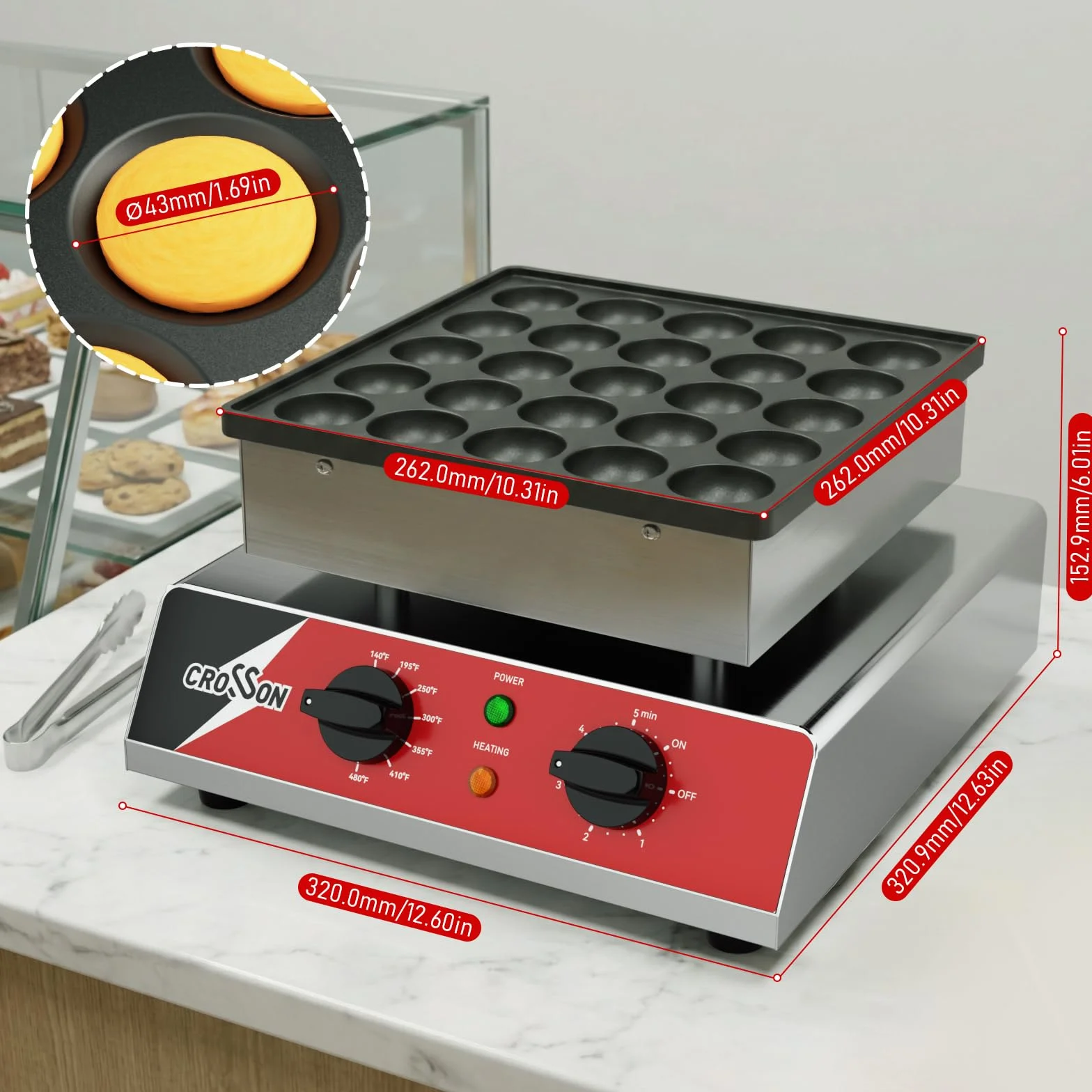 CROSSON Macchina per Mini Pancake 25 Fori 43 mm 850W Antiaderente Controllo Temperatura per Dorayaki Poffertjes Muffin