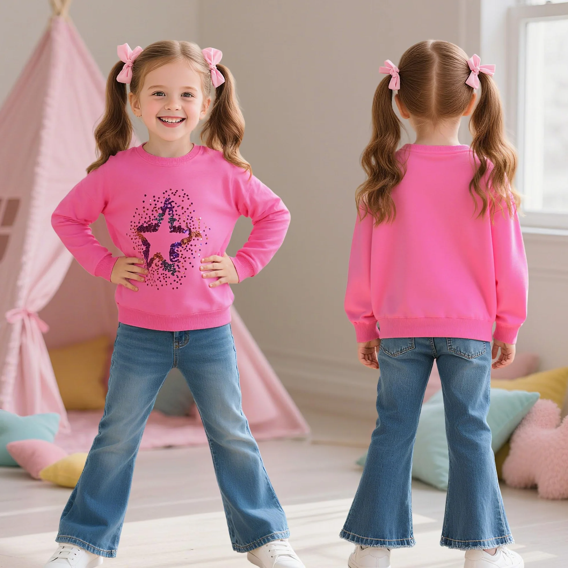 Felpa Bambina Unicorno Stampato Ricamo Pullover Cotone Manica Lunga 2-7 Anni