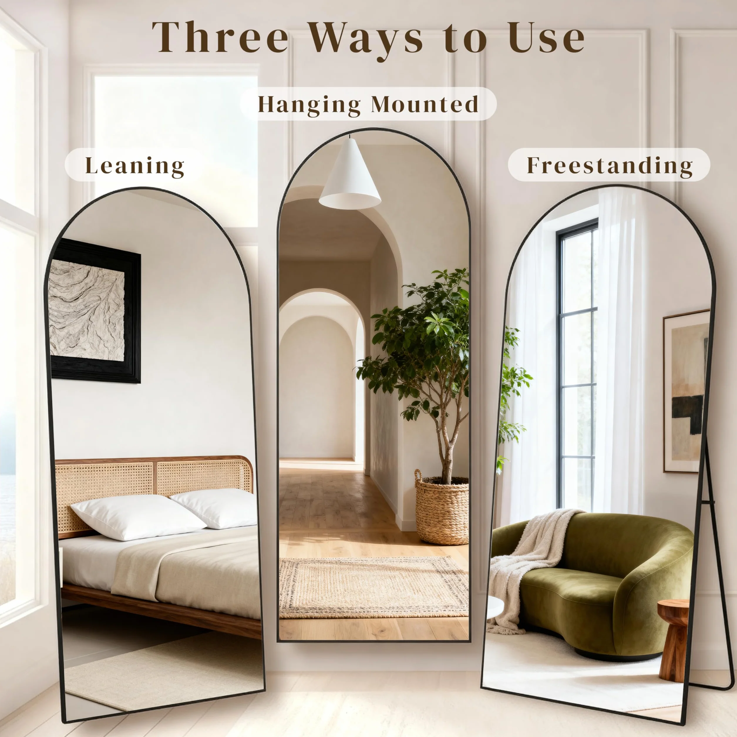 Specchio a Figura Intera 165 x 60 cm, Specchio da Terra ad Arco con Supporto, Vetro Temperato, Cornice in Lega di Alluminio, Camera da Letto Soggiorno