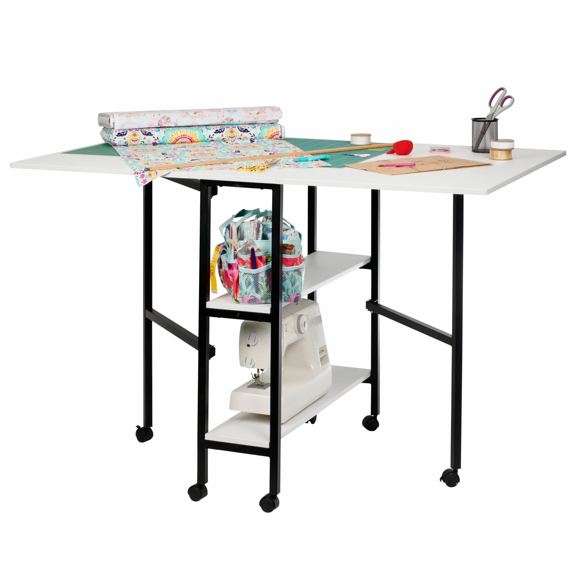 Tavolo da cucito pieghevole con piano bianco, gambe nere e ruote, 2 ribalte e 2 ripiani - WC1012