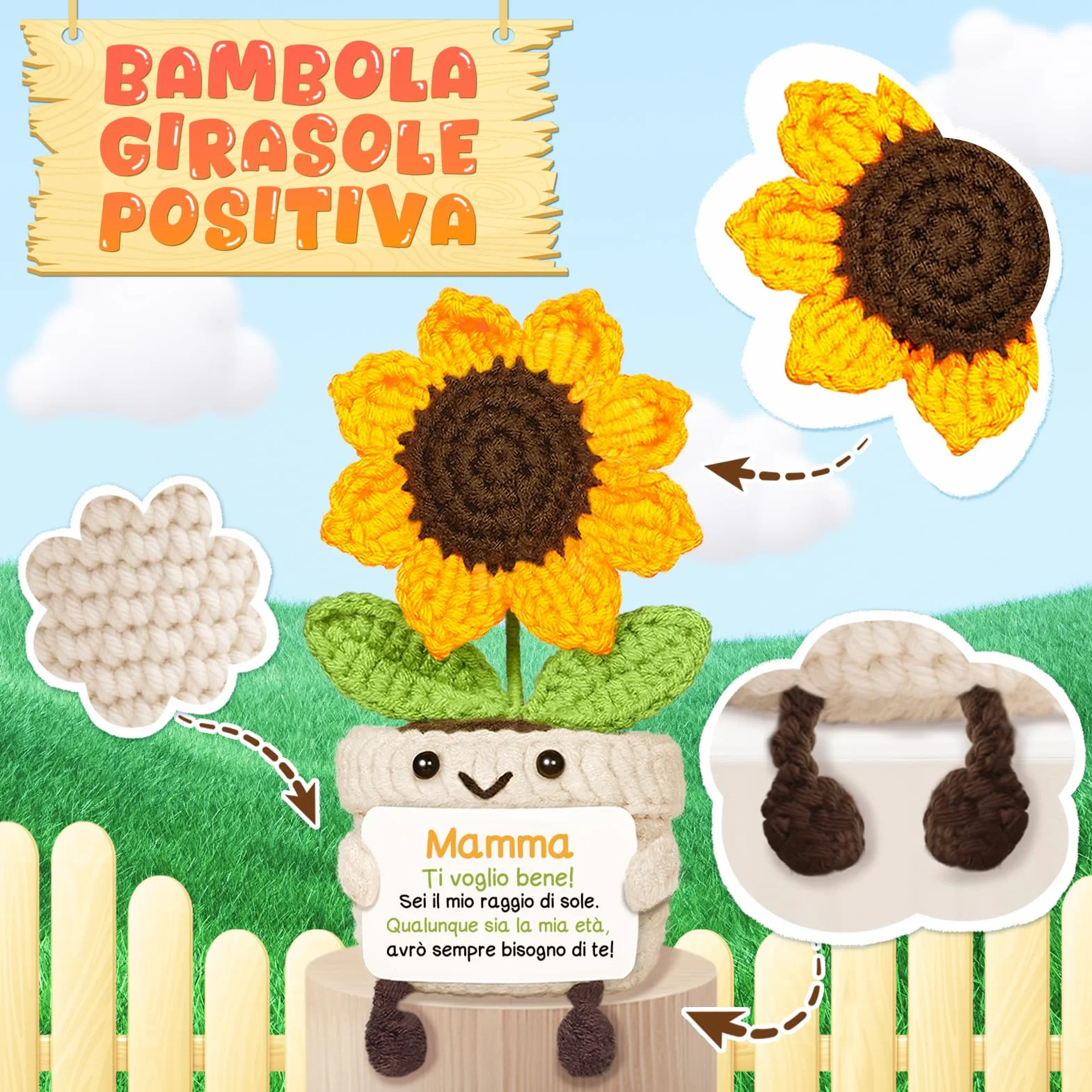 Girasole Amigurumi Decorativo Fatto a Mano 6x6x14cm Regalo Mamma Compleanno Idea Regali Madre Originali