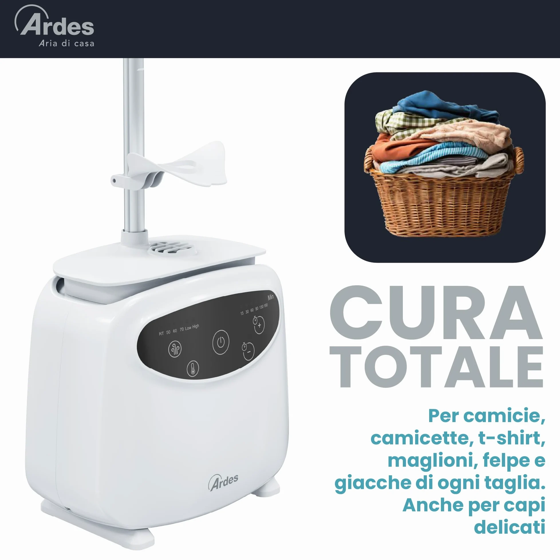 Ardes BLOWY PRIME Stiratrice Automatica e Manichino di Asciugatura 2 in 1, Stiratura Verticale senza Pieghe, 4 Clip di Peso, Timer e Schermo Digitale