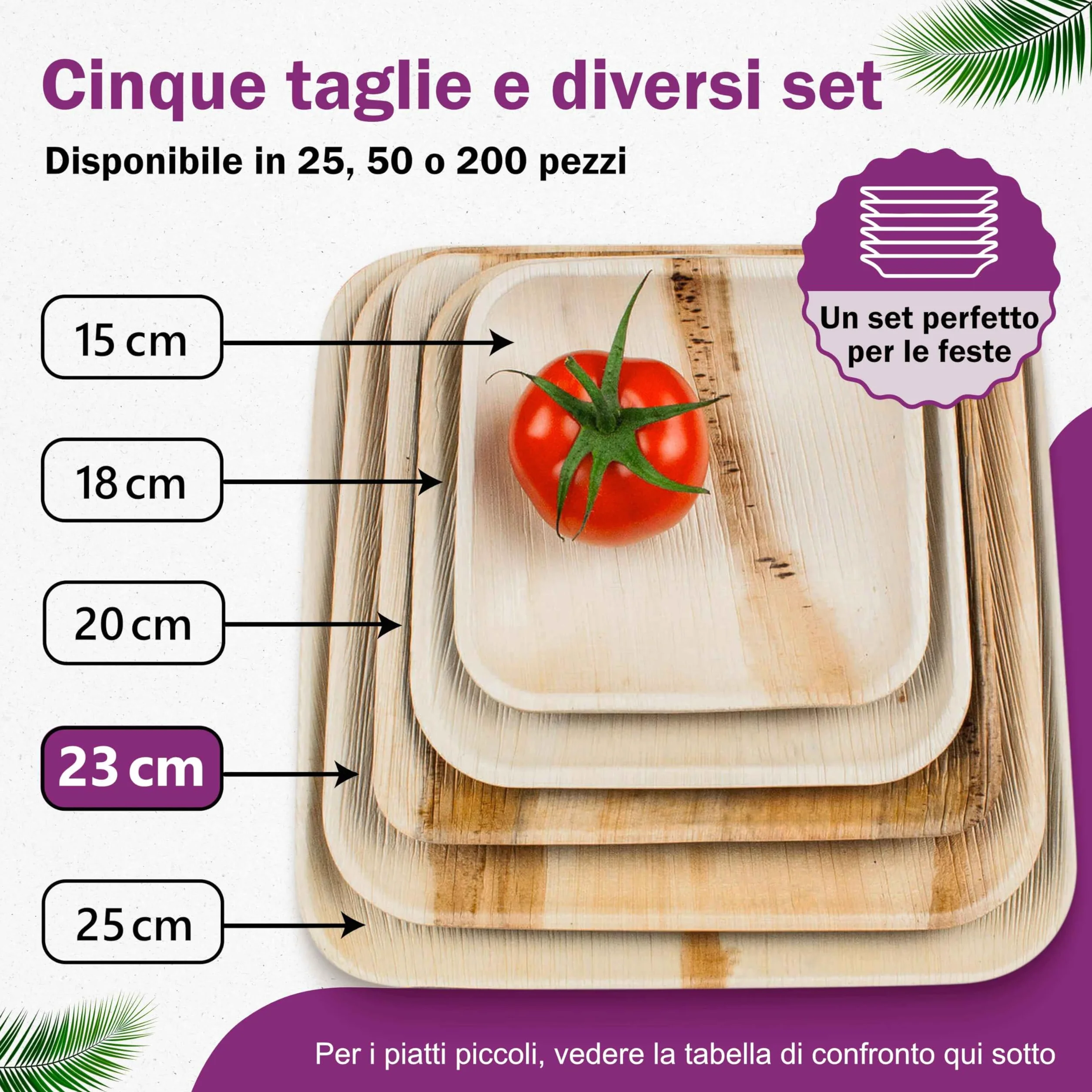 Piatti in Foglia di Palma Biologici 50 Pz Quadrati 23x23 cm Biodegradabili Compostabili