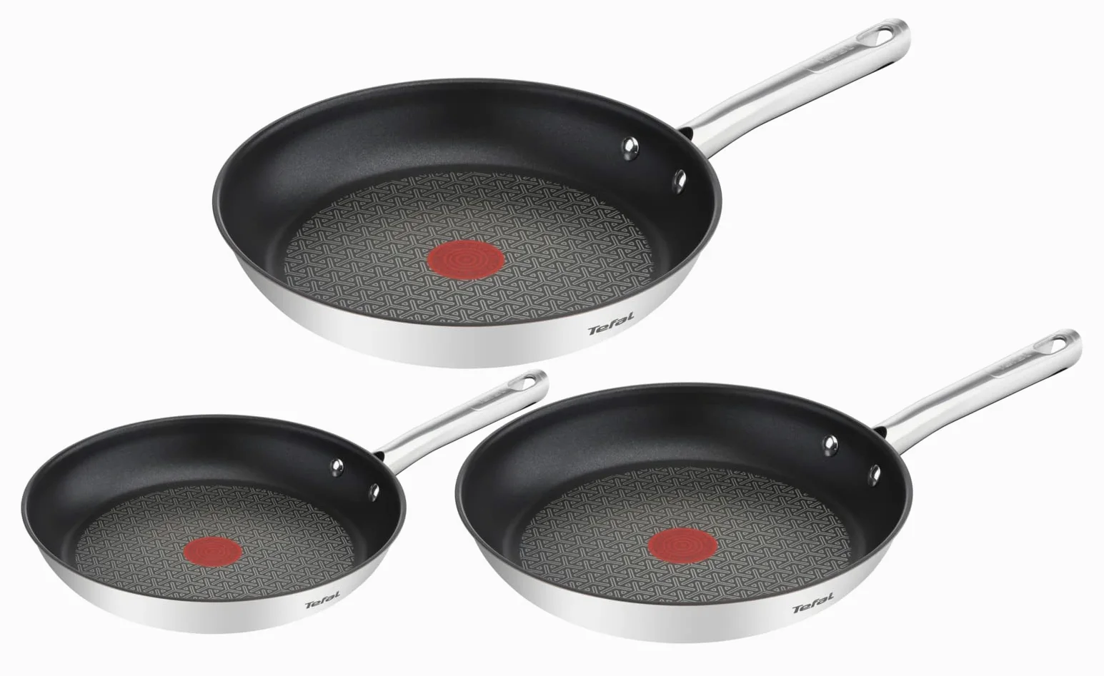 Tefal Duetto Set di 3 Padelle da 20/24/28 cm in acciaio inox, padelle antiaderenti, base spessa, rinforzata a prova di urti, facile pulizia, adatto a tutti i tipi di cucine