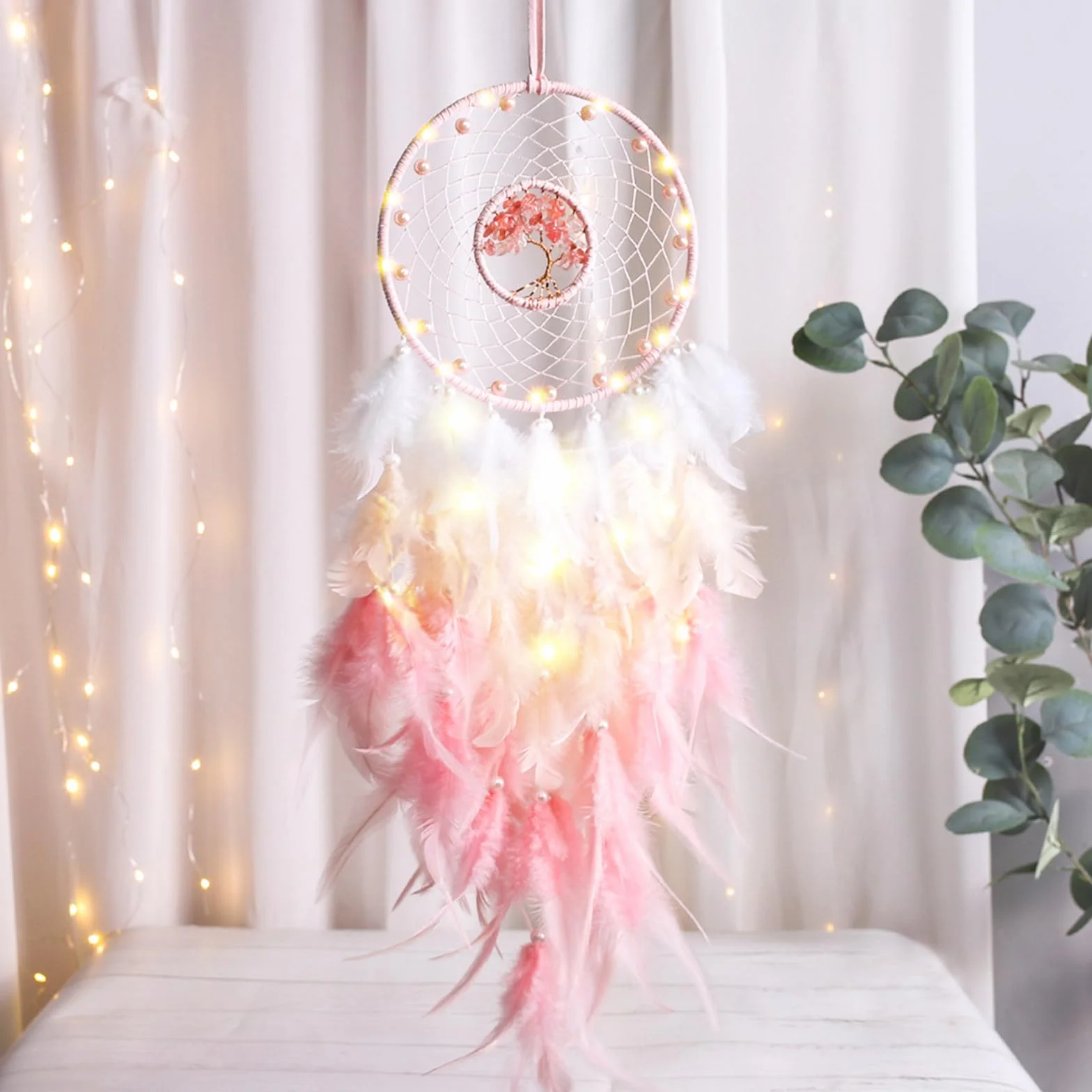 Acchiappasogni Piume Led Indiano Dream Catcher Wall Decorazione Fatto a Mano Regalo di Natale Rosa