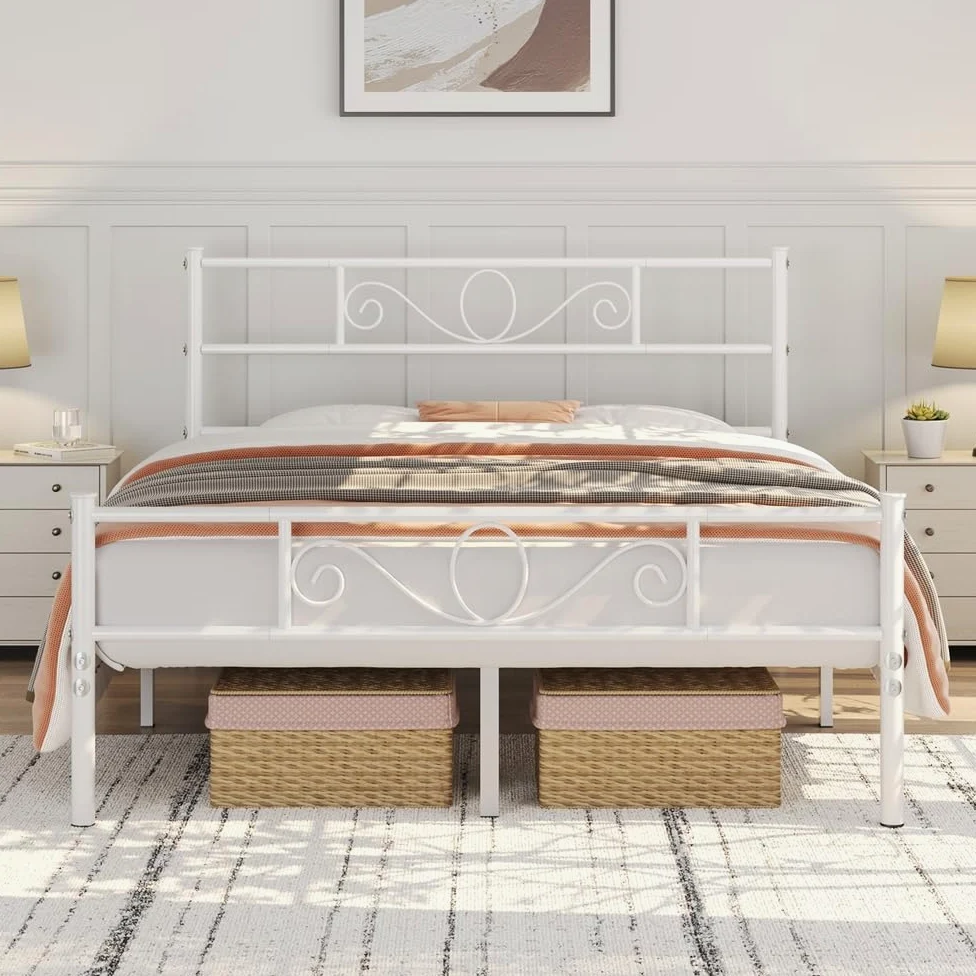 Yaheetech Struttura Letto Matrimoniale in Ferro Battuto a Doghe 160 x 200 cm Testiera Elegante in Metallo Stile Rustico Moderno Bianco