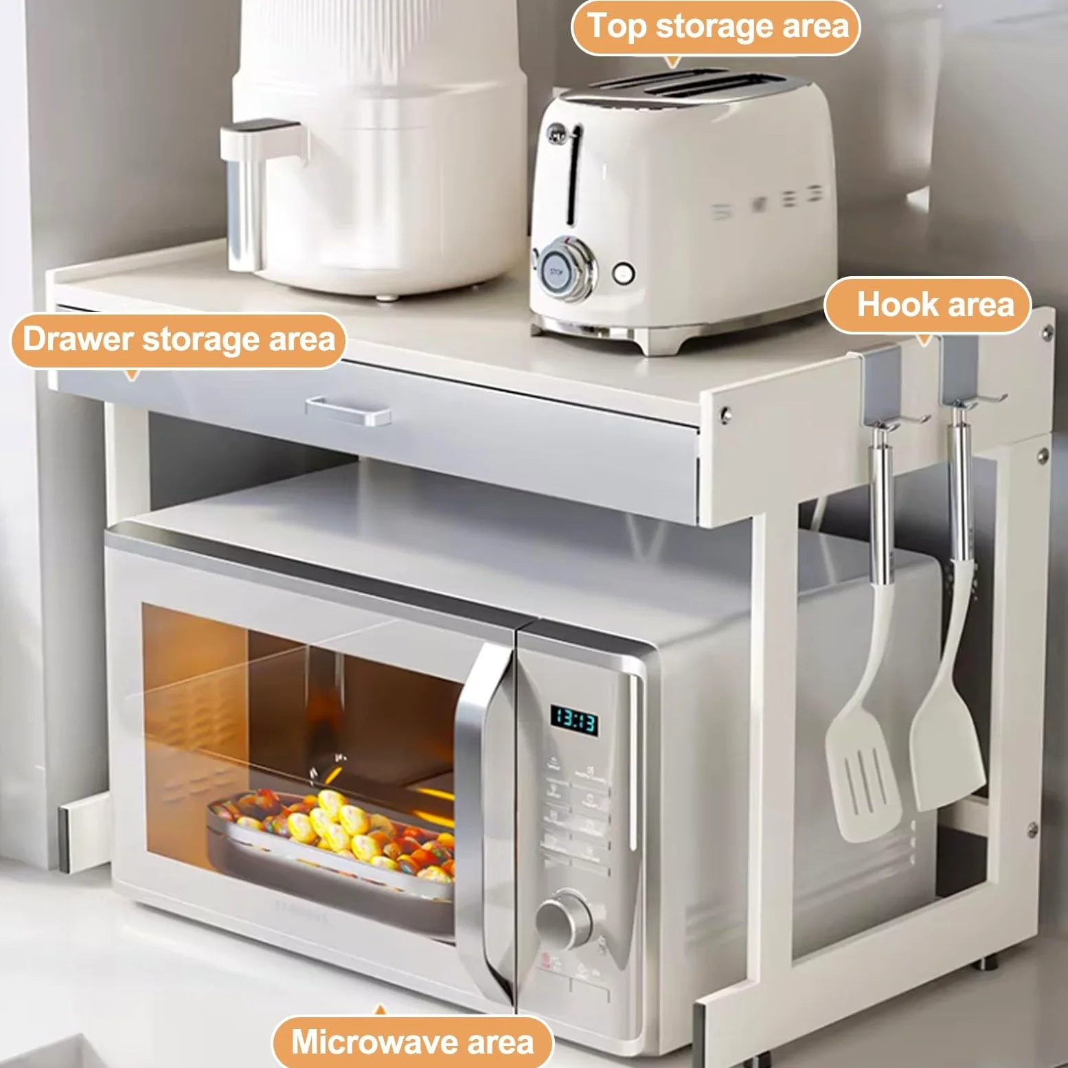 3 Livelli Mensola Microonde, Scaffale Per Microonde con Cassetto, Supporto Per Microonde con Spazio Contenitore Per Ingresso E Soggiorno(Off-white+Gray,L52cm/20.4'')