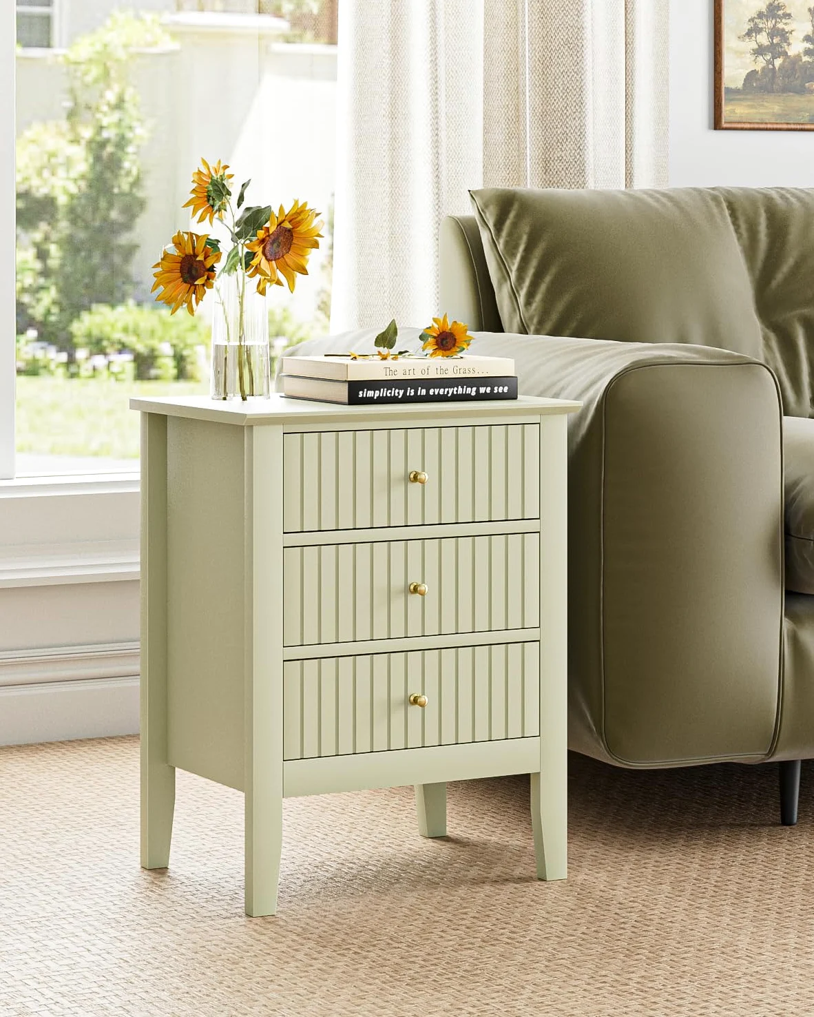 HEYZOEY Comodino con 3 cassetti, comodino, cassettiera, tavolino per camera da letto e soggiorno (verde pistacchio, 45 x 33 x 61 h)