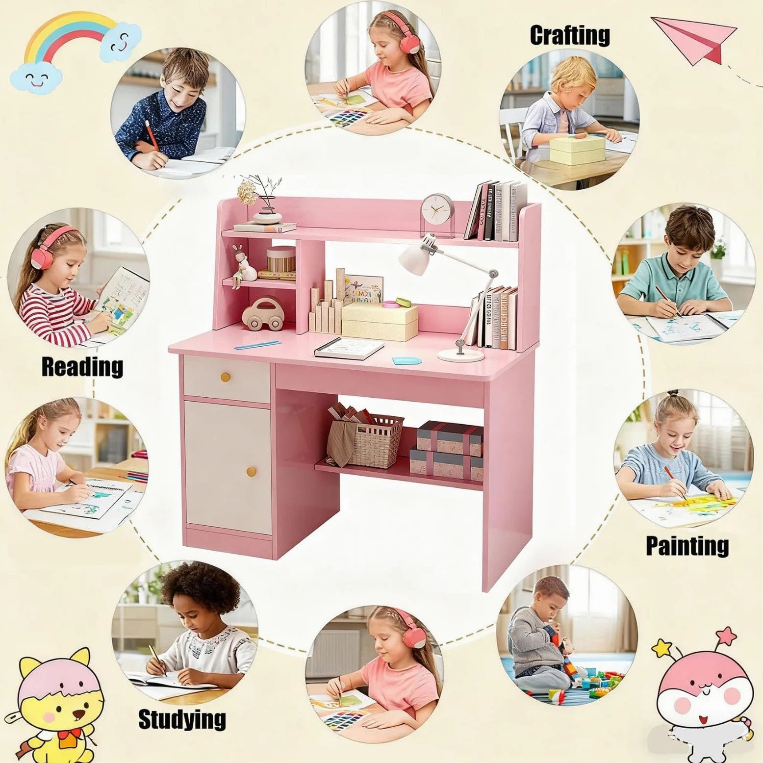 Scrivania per Bambini con Ripiani Armadietto Cassetto Età 3-8 Anni Tavolo Banco Scuola Scrivania Computer per Cameretta, Sala Studio D1
