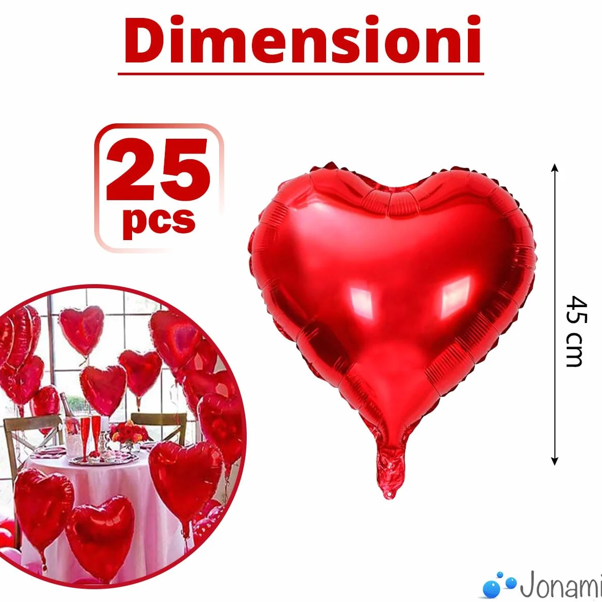 25 Palloncini a Forma di Cuore Rossi ad Elio o Aria per Decorazione Romantica, San Valentino, Anniversario Matrimonio e Fidanzamento