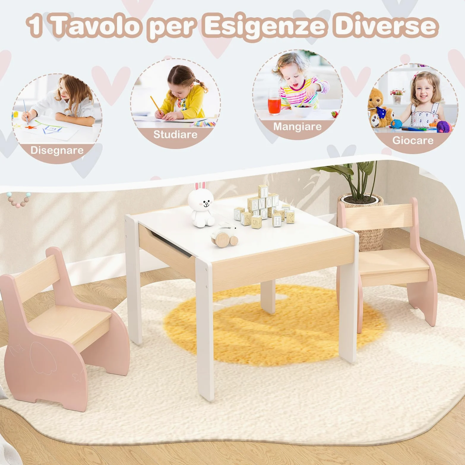 COSTWAY 3 in 1 Set Tavolo e Sedie per Bambini, Tavolo da Attività per Bambini con 2 Sedie, Lavagna Rimovibile e Deposito, per Giocare, Disegnare e Leggere, in Legno (Rosa)