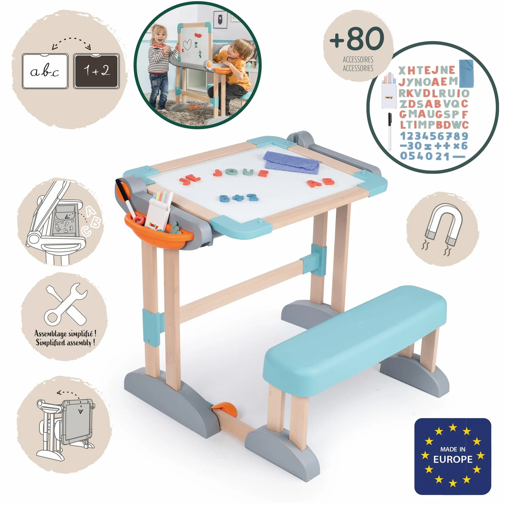 Smoby - Modulo Space Desk - Trasformabile in Lavagna bifacciale - Legno e plastica - Pieghevole e Compatto - 80 Accessori Inclusi - dai 3 Anni