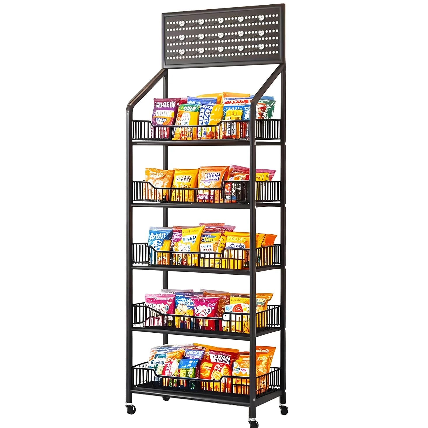 Espositore snack per vendita al dettaglio, scaffali vendita a 5 piani, carrello espositivo caramelle con ruote e ganci, organizer in metallo per dispensa