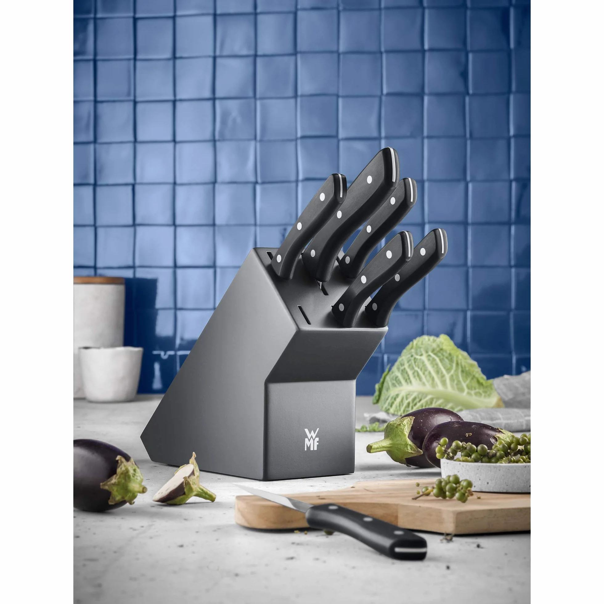 WMF Ceppo portacoltelli con set di coltelli da cucina con portacoltelli, 6 coltelli affilati, blocco in legno laccato, lama speciale in acciaio