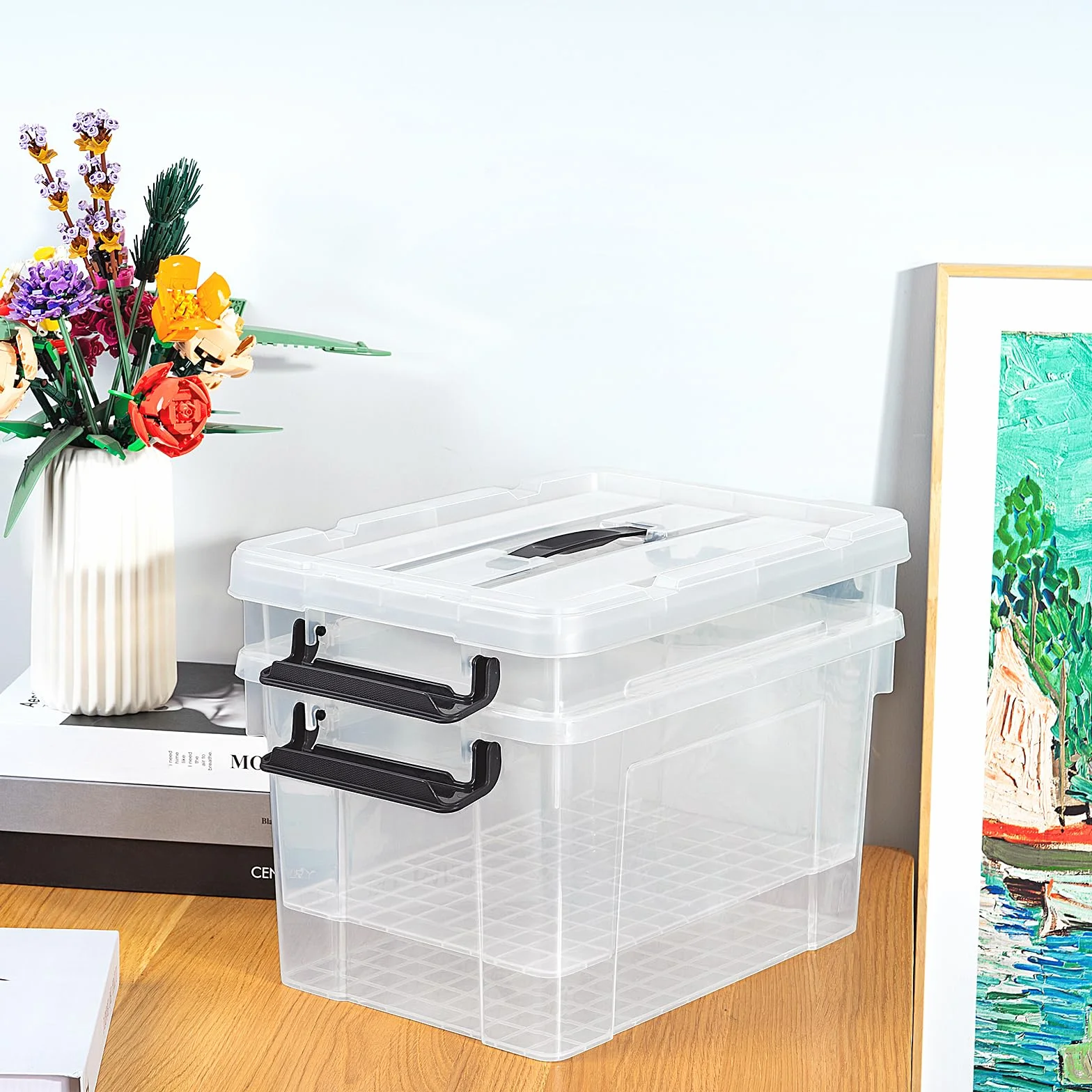 Cetomo 20L Scatole di Stoccaggio in Plastica, Portaoggetti con Coperchio, Organizzatore con Manico, Impilabile, Trasparente, Confezione da 3