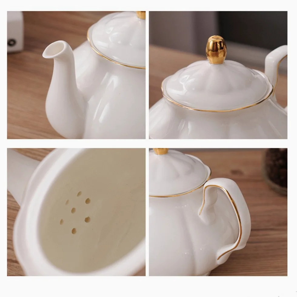 fanquare 15 Pezzi Set da tè in Ceramica Bianca Inglese Semplice,Teiera,Tazze di Porcellana per Osso con Cucchiai di Supporto in Metallo