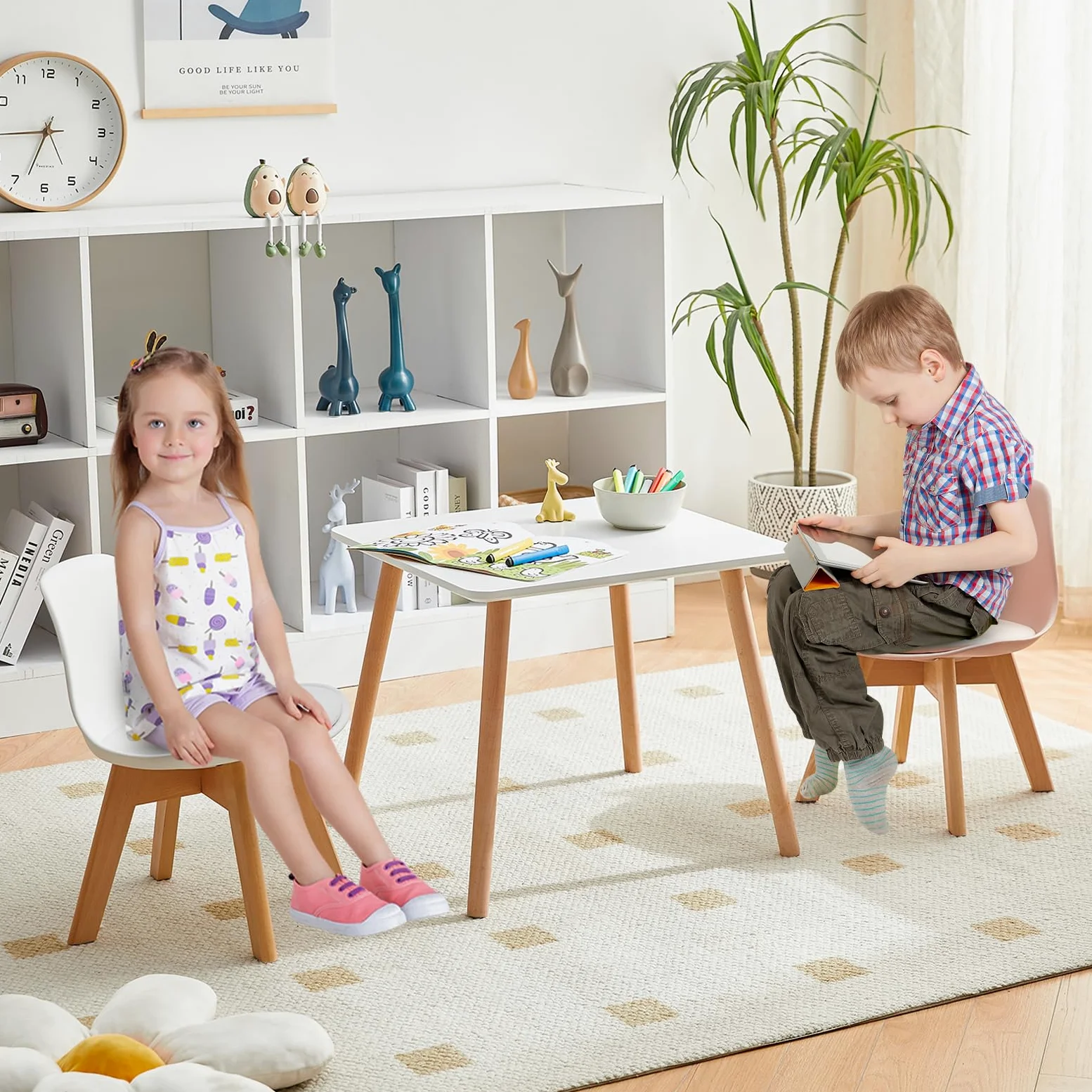 Set di 2 Sedie per Bambini con Gambe in Legno, Sedia Piccola in PP+PU con Schienale per Cameretta, Sedia da scrivania per Bambini, Bianco