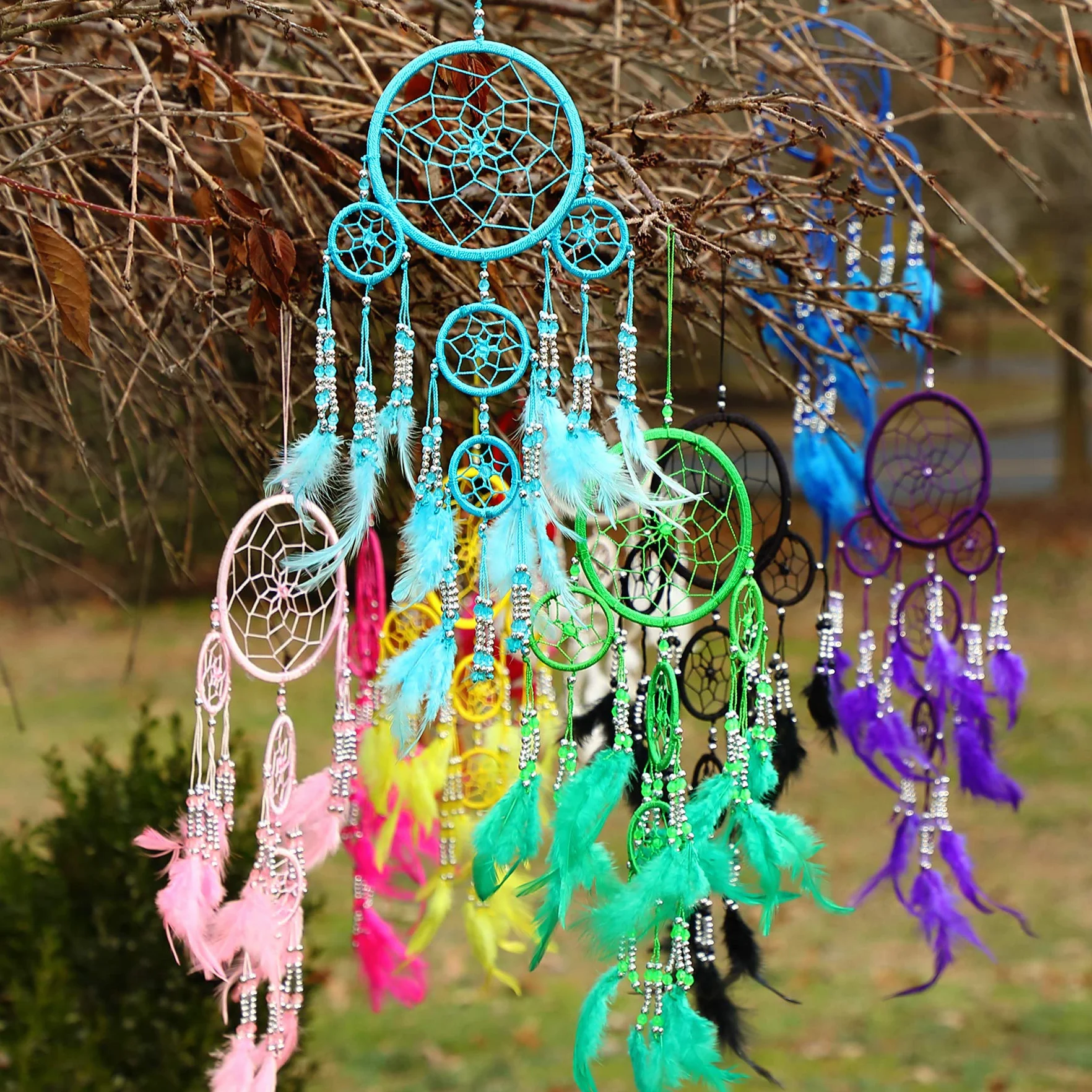 Dream Catcher Bohemien Fatto a Mano Acchiappasogni Etico con Piume Rosa e Perline 12 cm x 35 cm