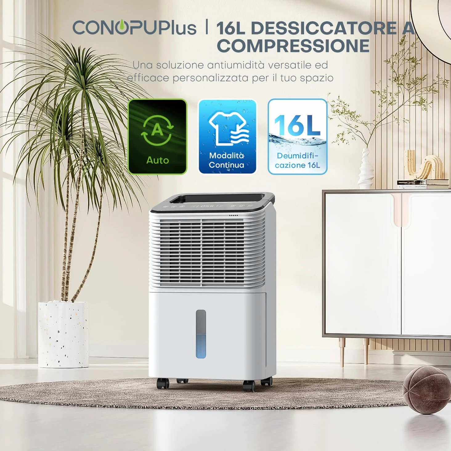 Deumidificatore 16L/giorno, Deumidificatore Casa Silenzioso, Controllo Centrale Intelligente, Modalità AUTO, Indicatore di Umidità, Timer 24H, Deumidificatores Portatile, Più Potente