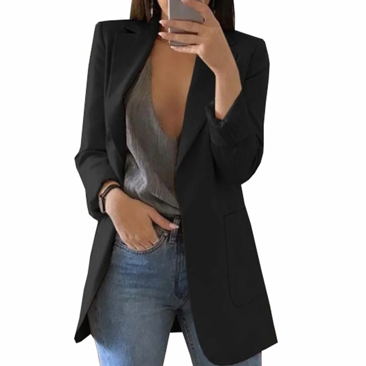 Giacca Da Donna Slim Cardigan A Maniche Lunghe Con Risvolto Primaverile Autunnale