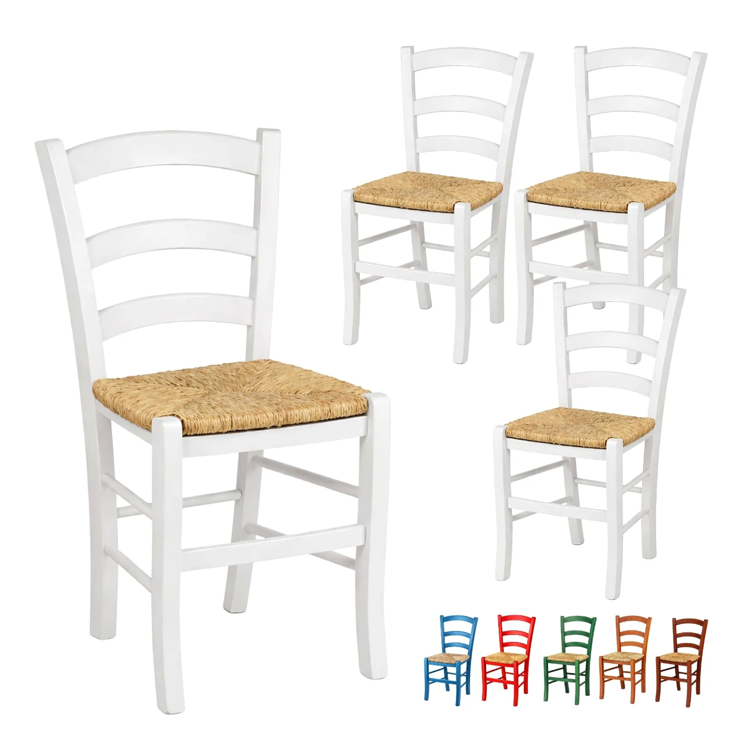 VIRSUS Set 4 Sedie Paesana in Legno con Seduta in Paglia, Misura 43x42x86 cm, Sedia Tradizionale Robusta, per Casa, Cucina, Agriturismo, Ristorante, Made in Italy (Bianco)