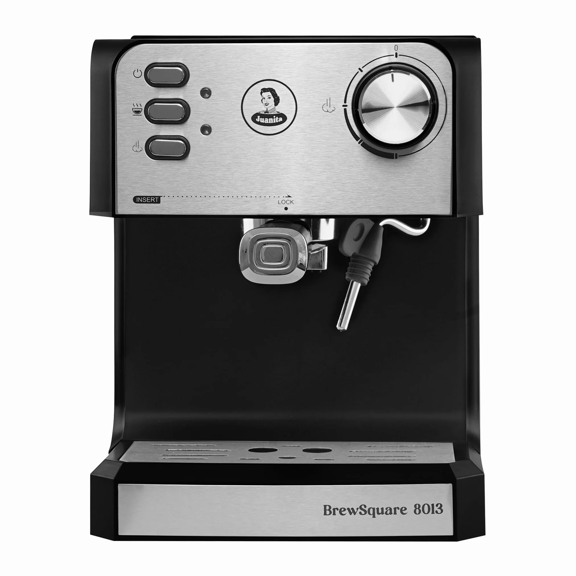 Juanita Brewsquare Macchina Caffè 850W, Macchina Caffe Cialde 20Bar, Coffe Machine 1.6L, Doppia Uscita, Braccio Vaporizzato, Macchinetta Caffe Inox per Espresso e Capuccino, Include Accessori