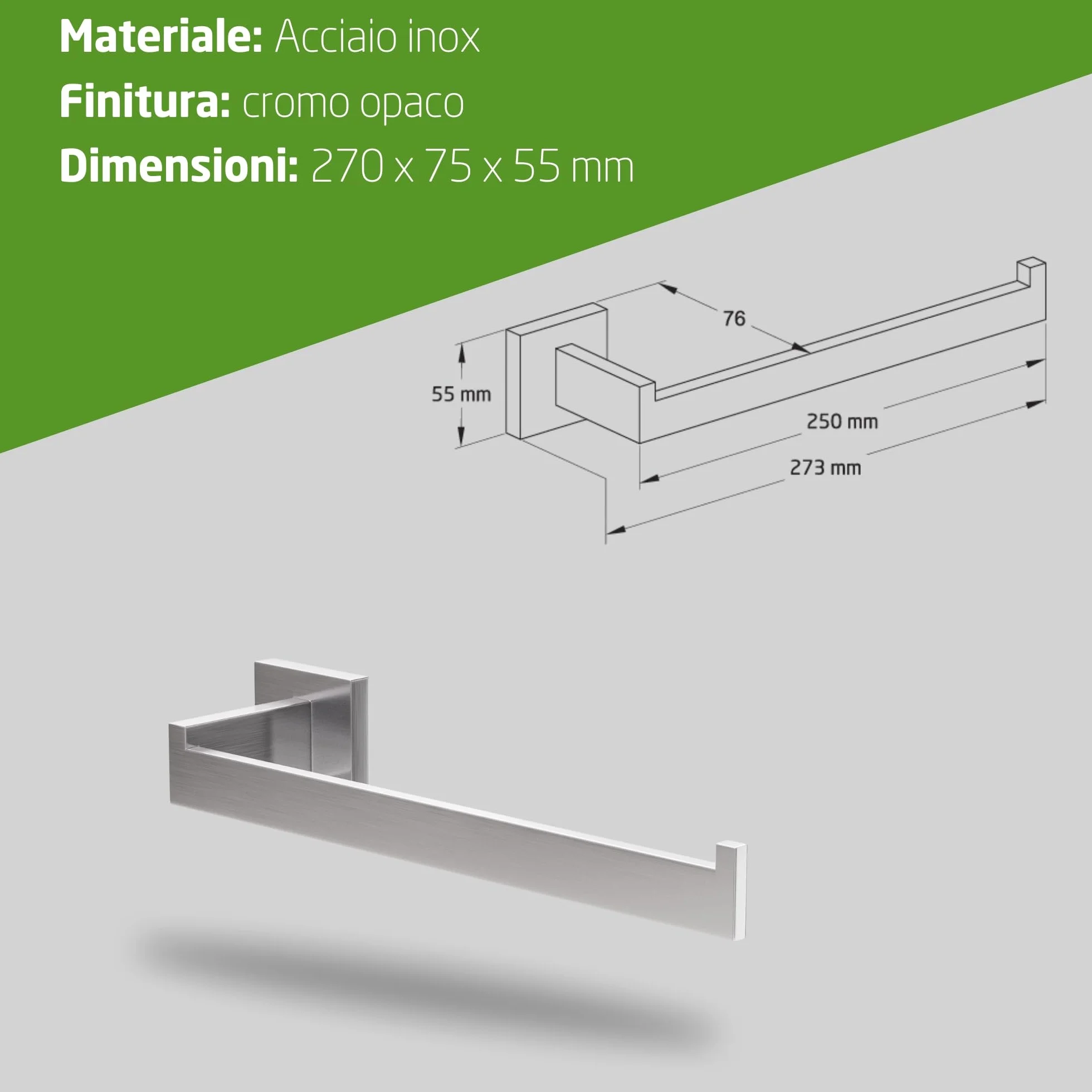 Amig Portasciugamani da bagno Mod. Isla-2 270 x 75 x 55 mm Acciaio inossidabile Argento opaco