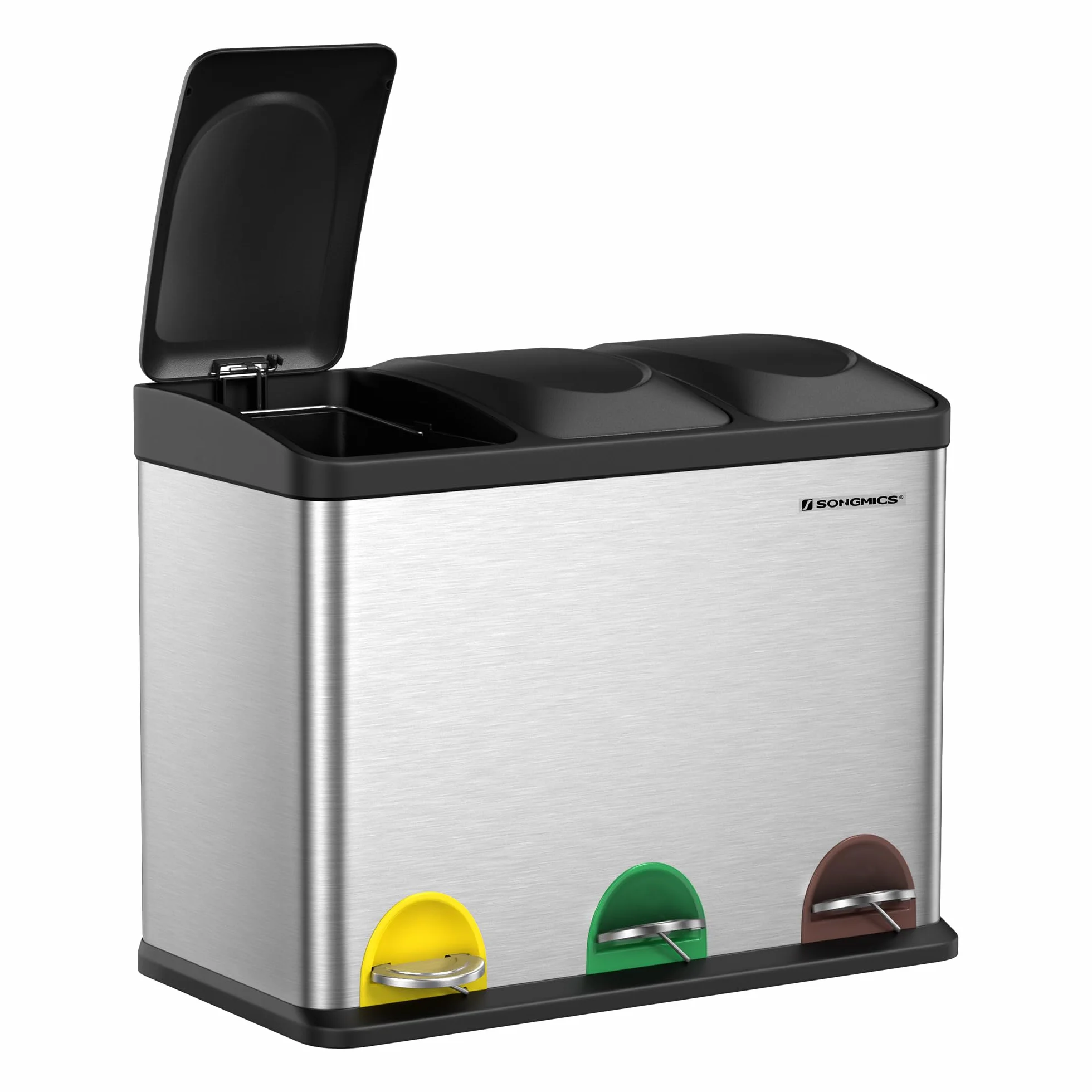 SONGMICS Cestino da Cucina, Pattumiera Tripla per Riciclaggio a Pedale, Metallico da 45 Litri, Raccolta Differenziata, 3 x 15L, con Coperchio, Acciaio, Argento Metallico e Nero Inchiostro LTB45L