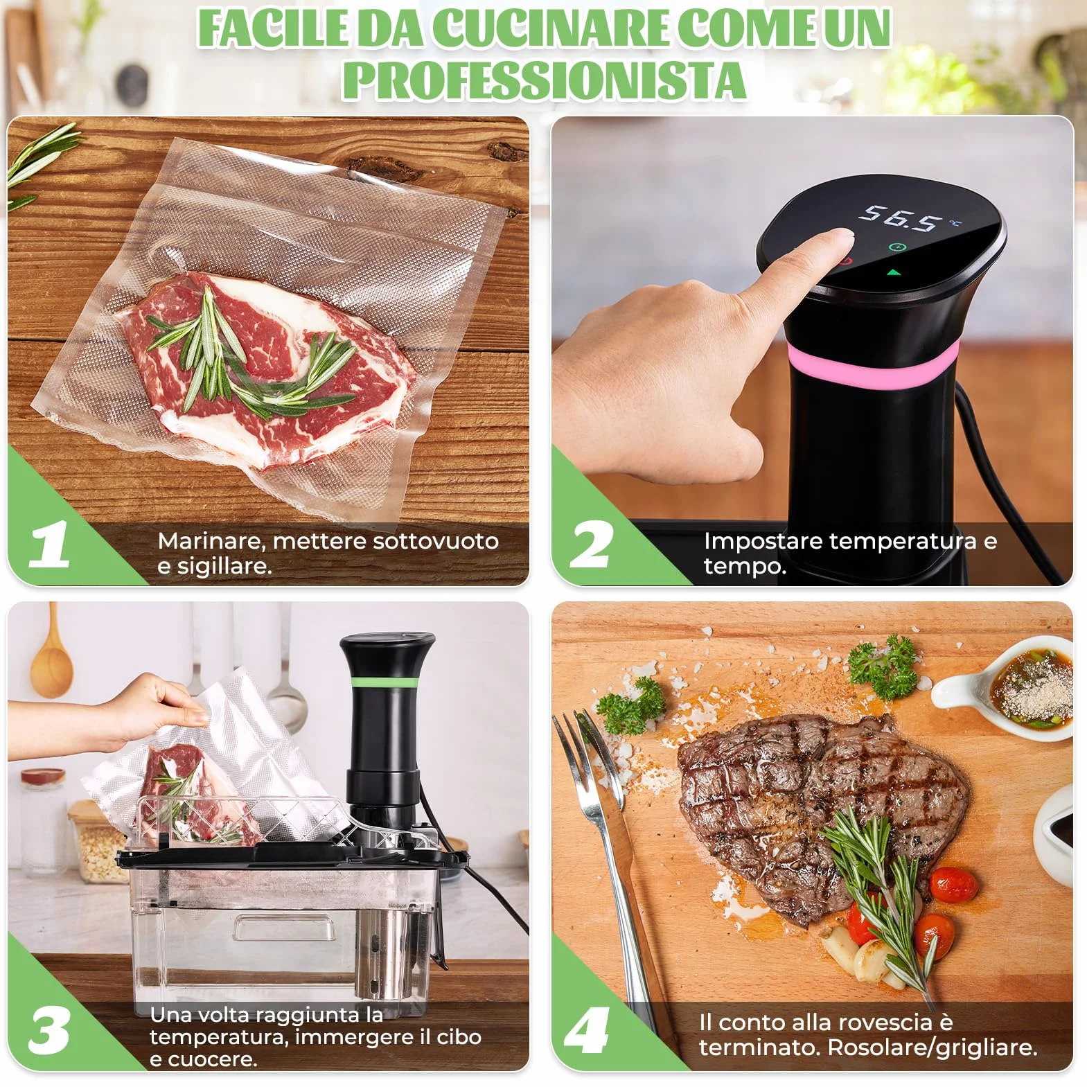 Roner Sous Vide Professionale Cucina a Bassa Temperatura 1000W 25-92,5℃ Timer LCD