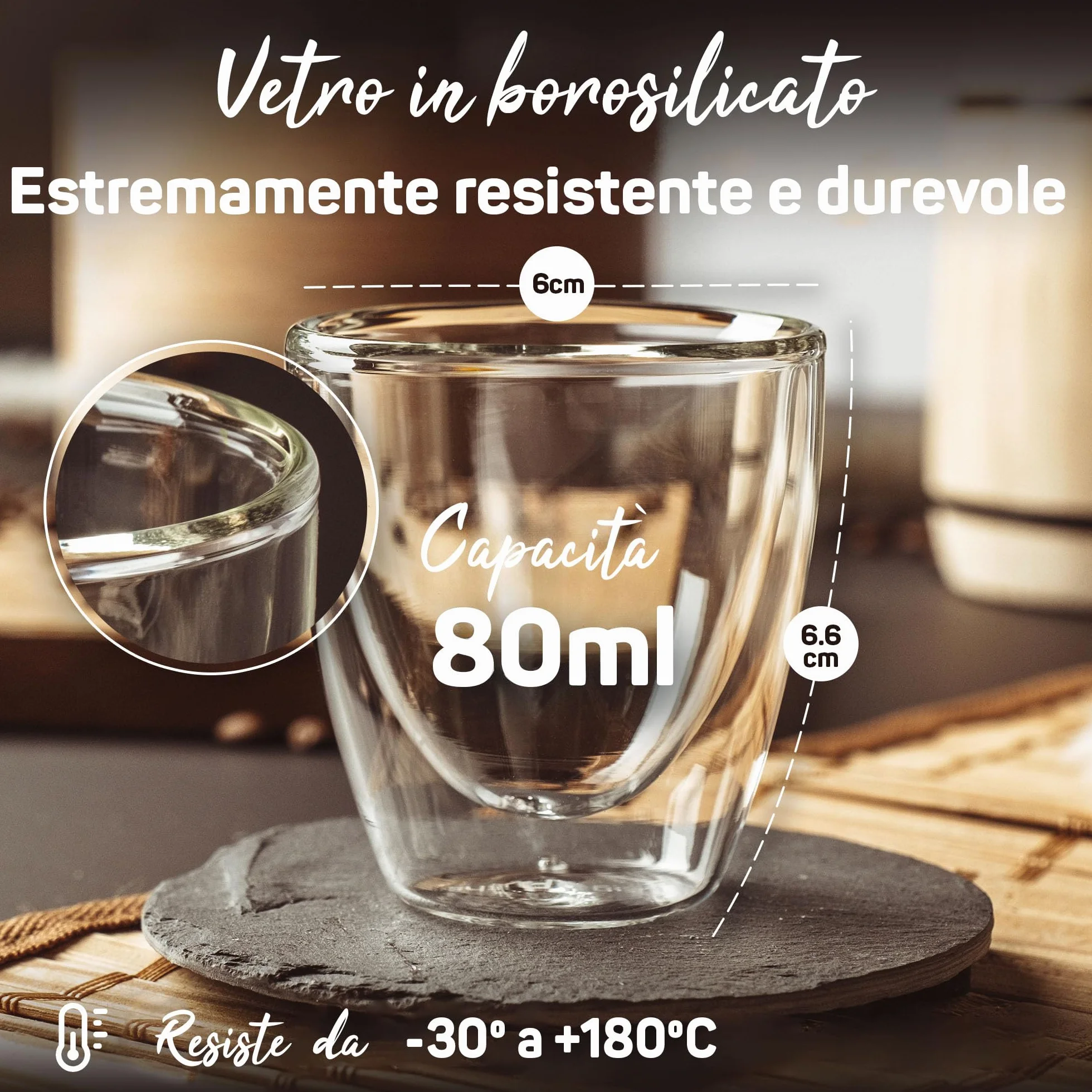 ElbFuchs® Set di tazzine caffè in vetro doppia parete 80ml 4 pezzi per espresso regalo